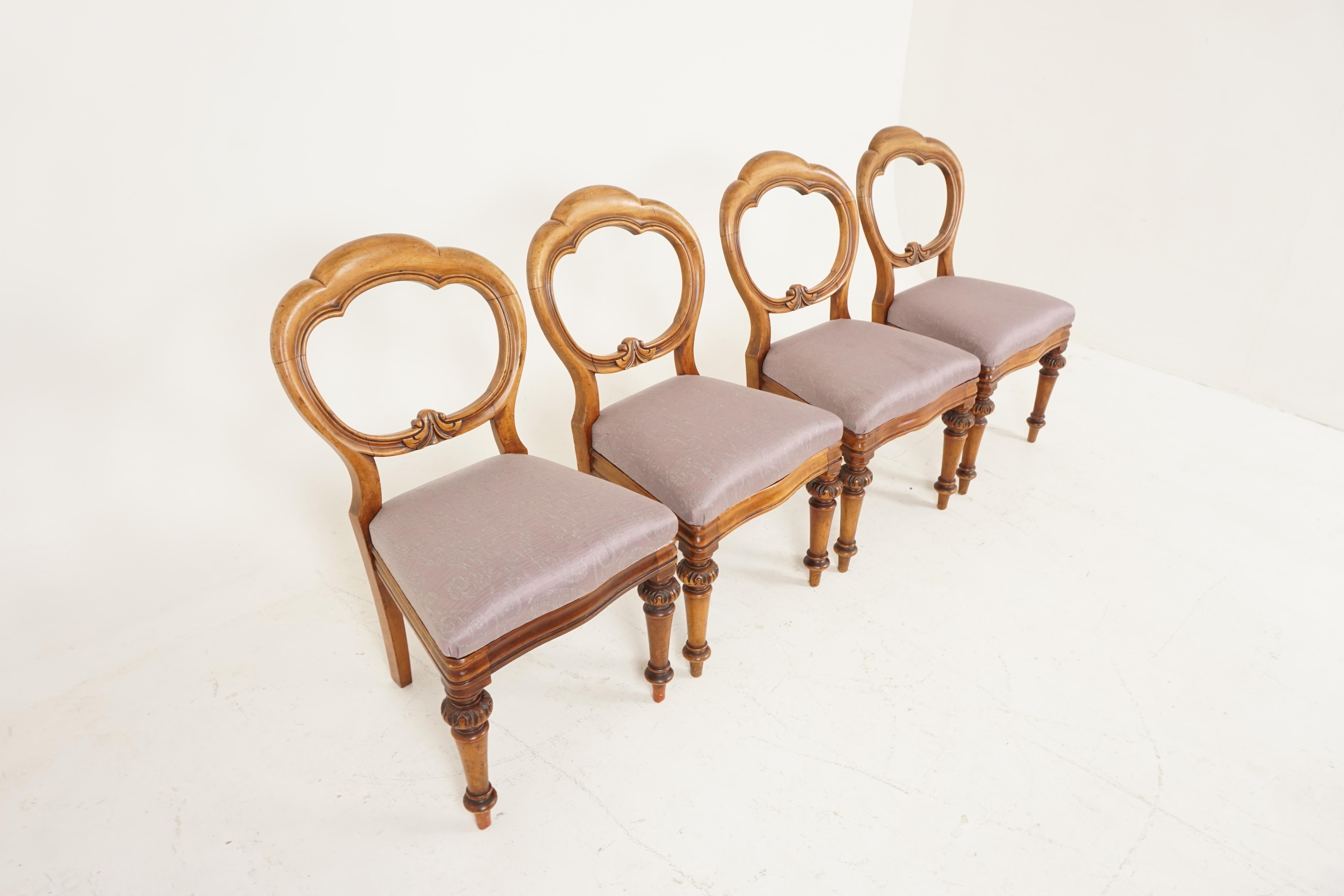 Antique balloon back dining chairs, walnut, Set of 4, Scotland 1880, B2500

Scotland 1880
Solid walnut
Original finish
Attractive crown rail on top
Carved fretted center rail
Upholstered overstuffed lift up seat
Carved turned legs to the front
Out