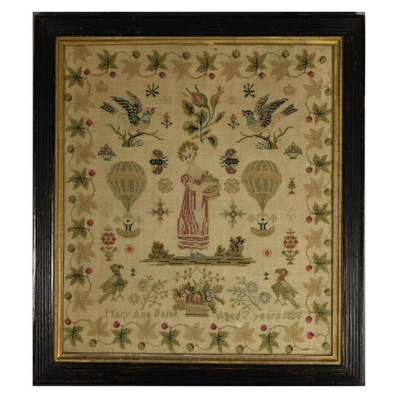 Antique Ballooning Sampler, 1828, by Mary Ann Paine