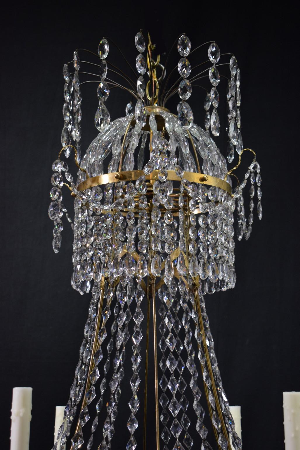 Elegant Antique Baltic six-light gilt bronze and crystal chandelier.