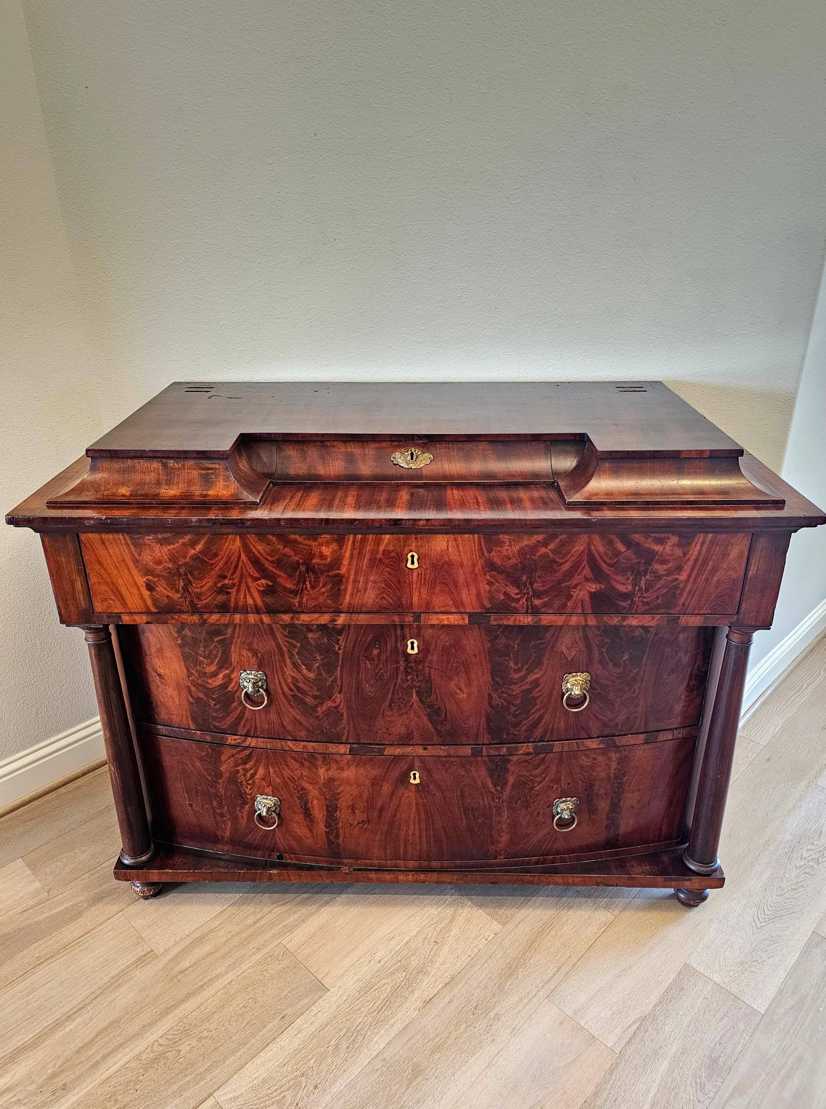 Hand-Crafted Antique Baltic Empire Biedermeier Period Flame Mahogany Chest of Drawers For Sale