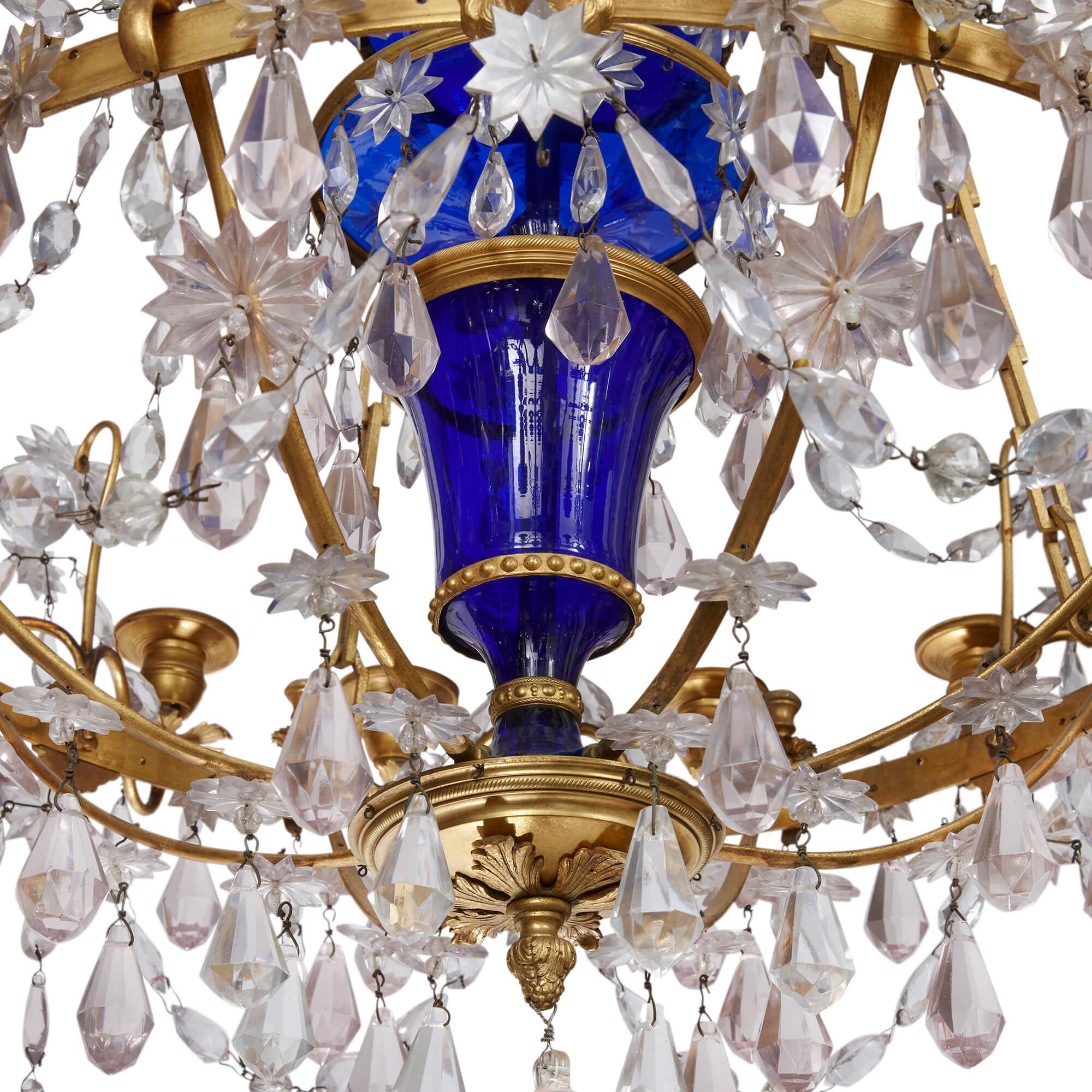 Neoclassical Antique Baltic Gilt Bronze, Blue and Amethyst Glass Chandelier For Sale