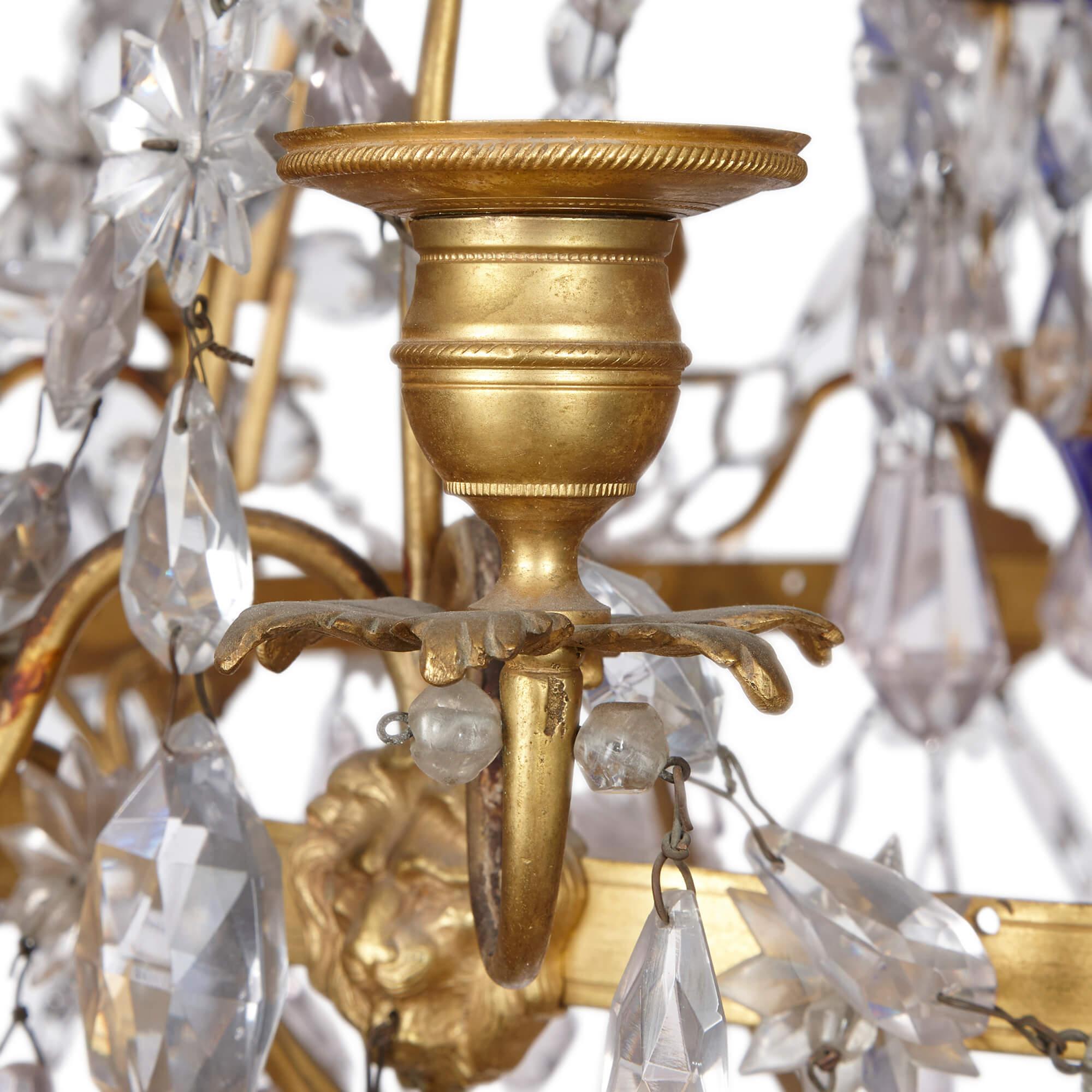 Antique Baltic Gilt Bronze, Blue and Amethyst Glass Chandelier In Good Condition For Sale In London, GB