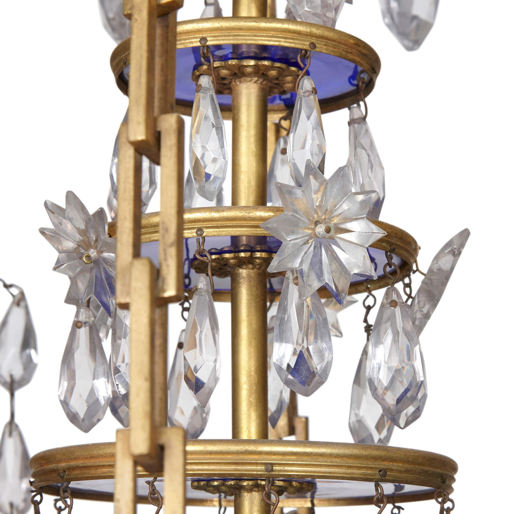 19th Century Antique Baltic Gilt Bronze, Blue and Amethyst Glass Chandelier For Sale