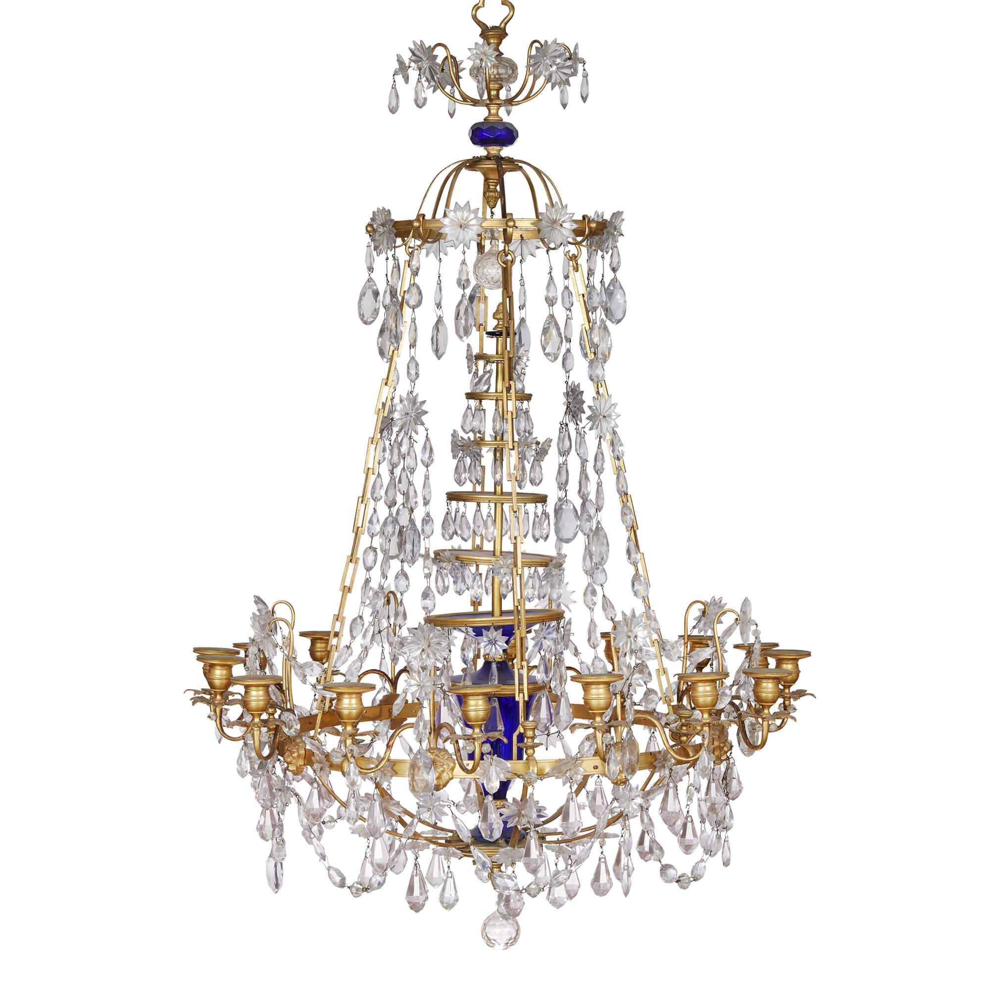 Antique Baltic Gilt Bronze, Blue and Amethyst Glass Chandelier