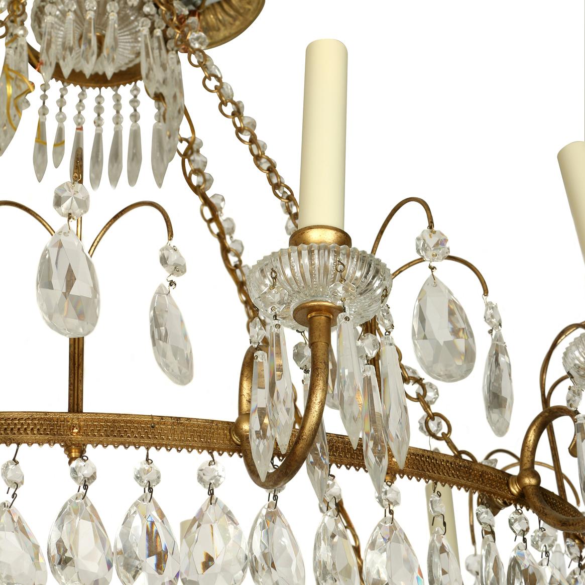 Antique Baltic Gilt Metal and Crystal Ten-Arm Chandelier In Good Condition In Locust Valley, NY