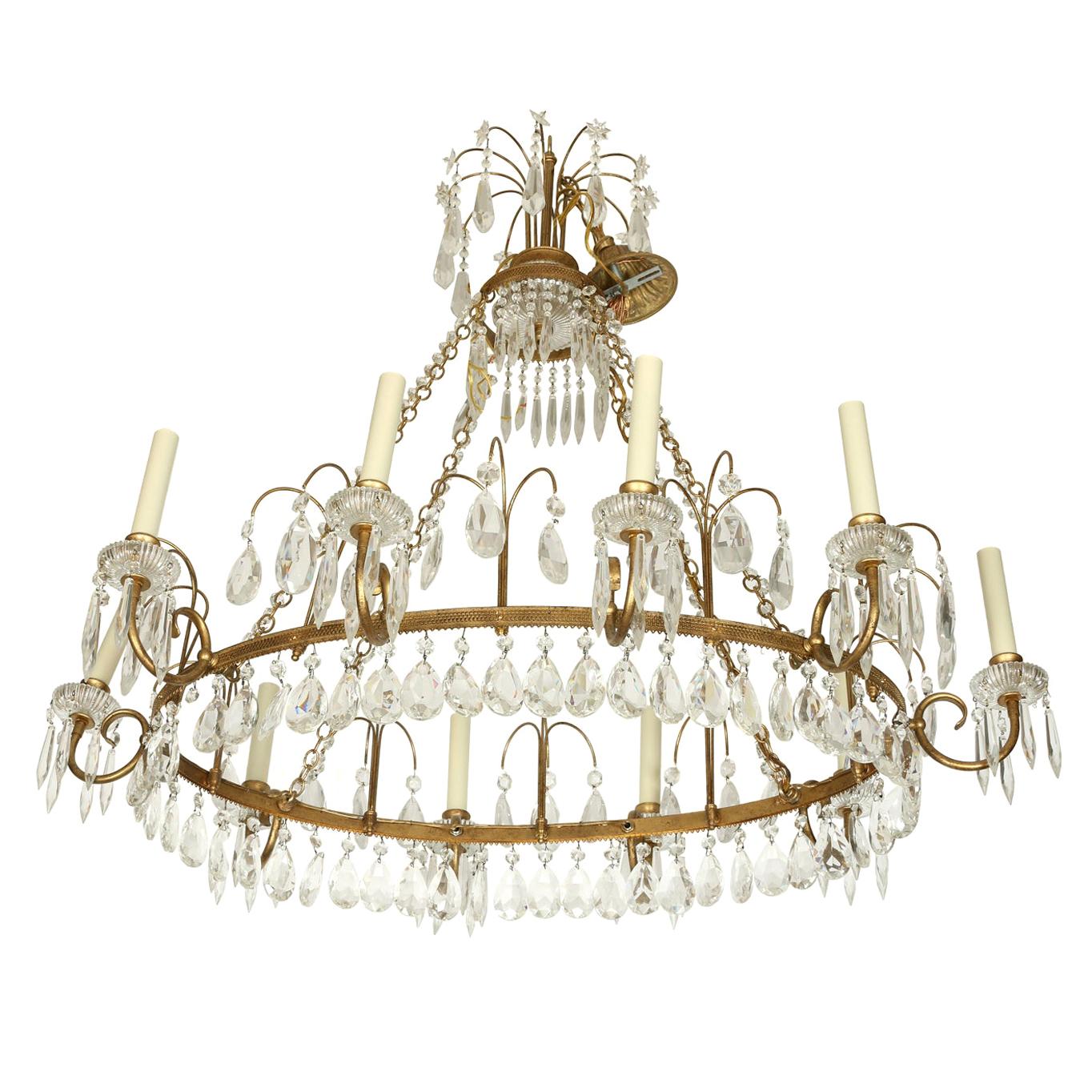Antique Baltic Gilt Metal and Crystal Ten-Arm Chandelier