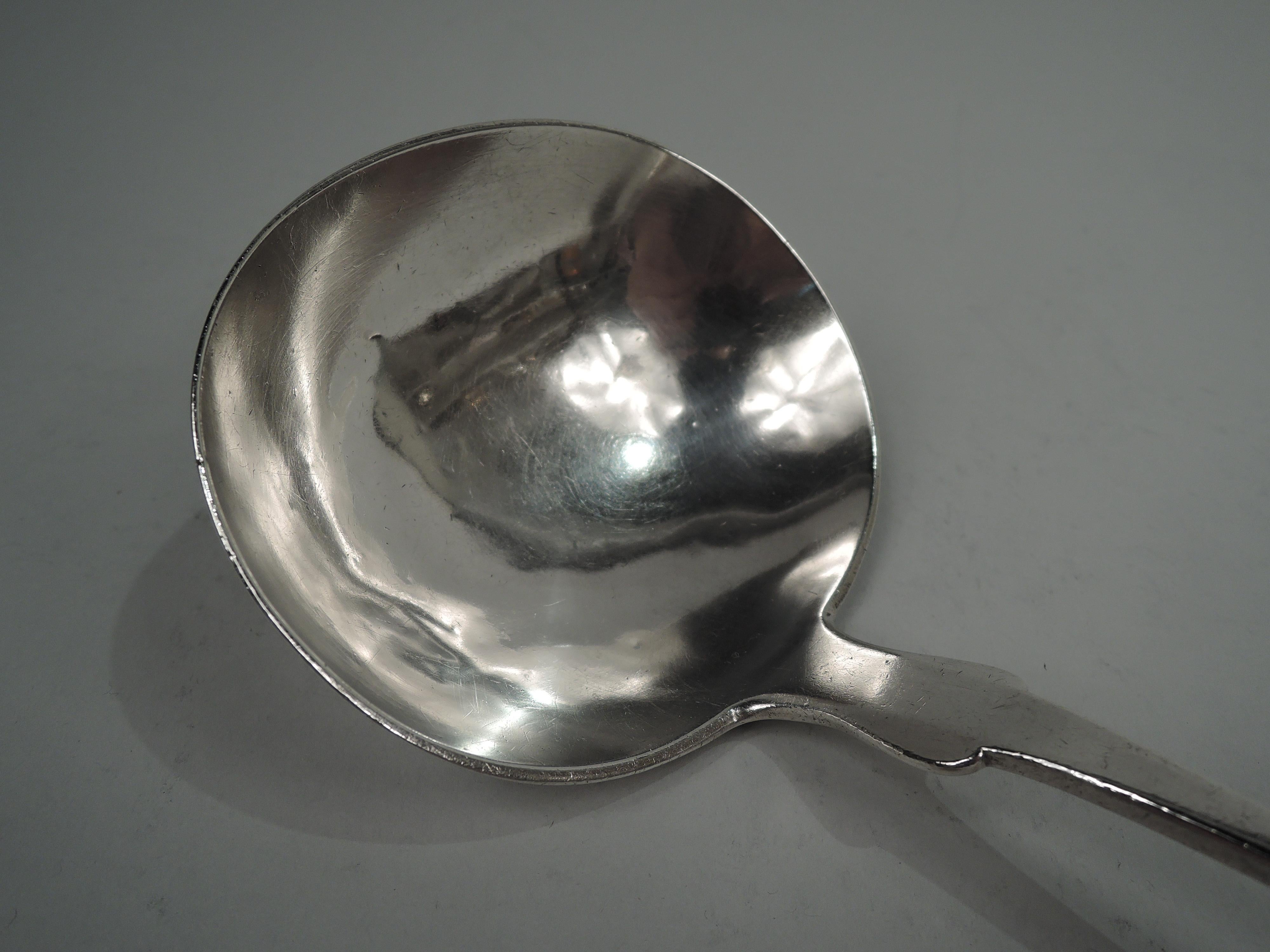 Federal Classical silver ladle. Made by Gould & Ward in Baltimore, ca 1820. Upturned fiddle terminal engraved with script monogram. Marked “Gould & Ward Baltimore” with “11-12”, which was the Baltimore alloy. Gould & Ward succeeded Gelston & Gould