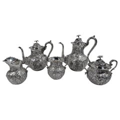 Antique Baltimore Repousse Sterling Silver 5-Piece Coffee and Tea Set