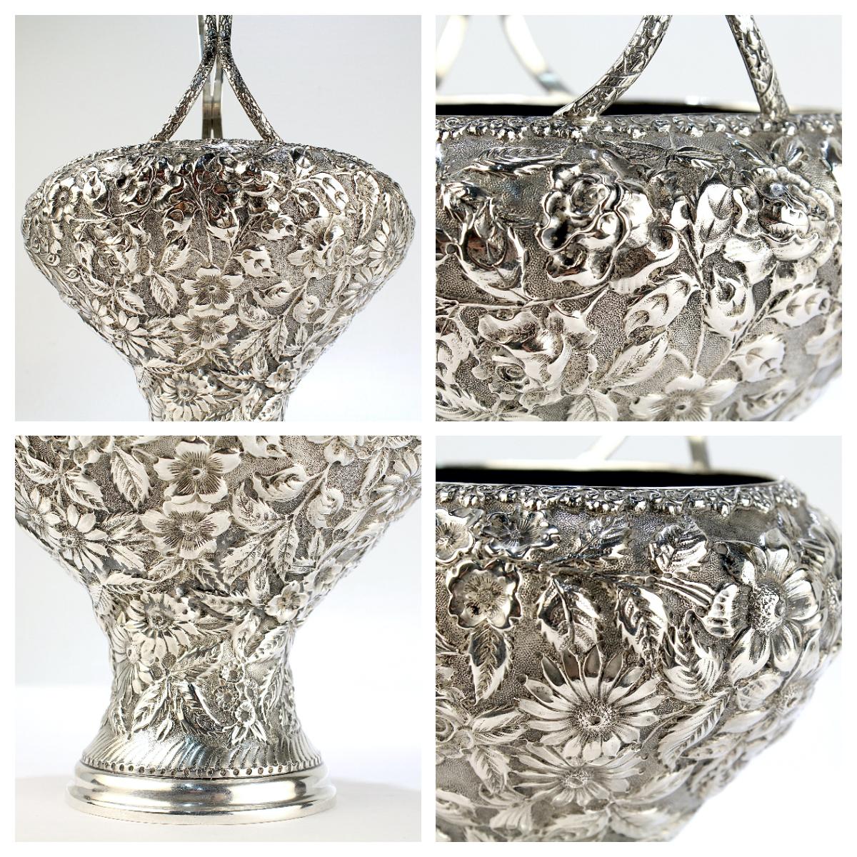 Antique Baltimore Sterling Silver Repousse Rose Handled Basket or Vase 4