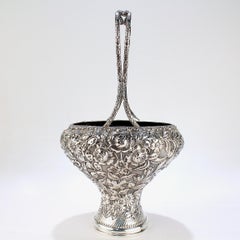 Antique Baltimore Sterling Silver Repousse Rose Handled Basket or Vase