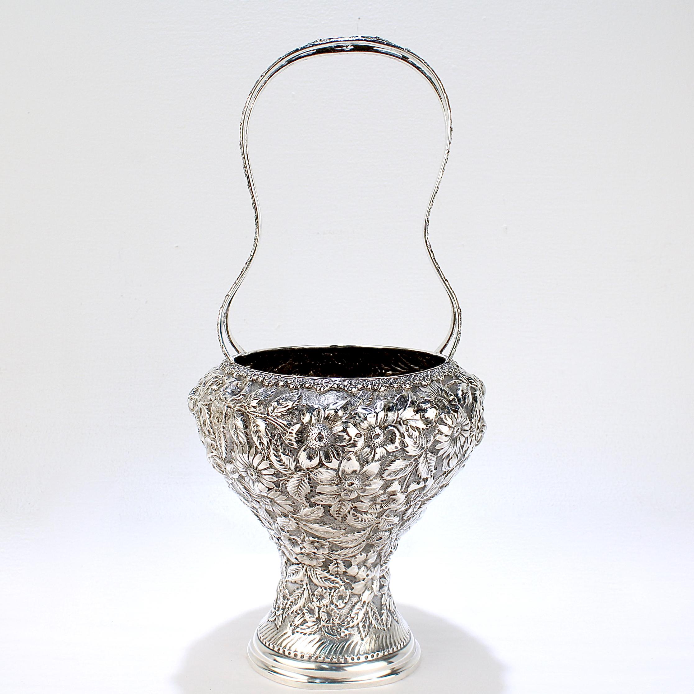 Antique Baltimore Sterling Silver Repousse Rose Handled Basket or Vase In Good Condition In Philadelphia, PA