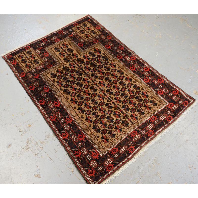 Antique Baluch camel ground prayer rug with 'tree of life' design.

The rug is of a small squarish format with a camel ground containing a tree of life design which is interspersed with a unusual box design. The rug has a traditional 'curl leaf'