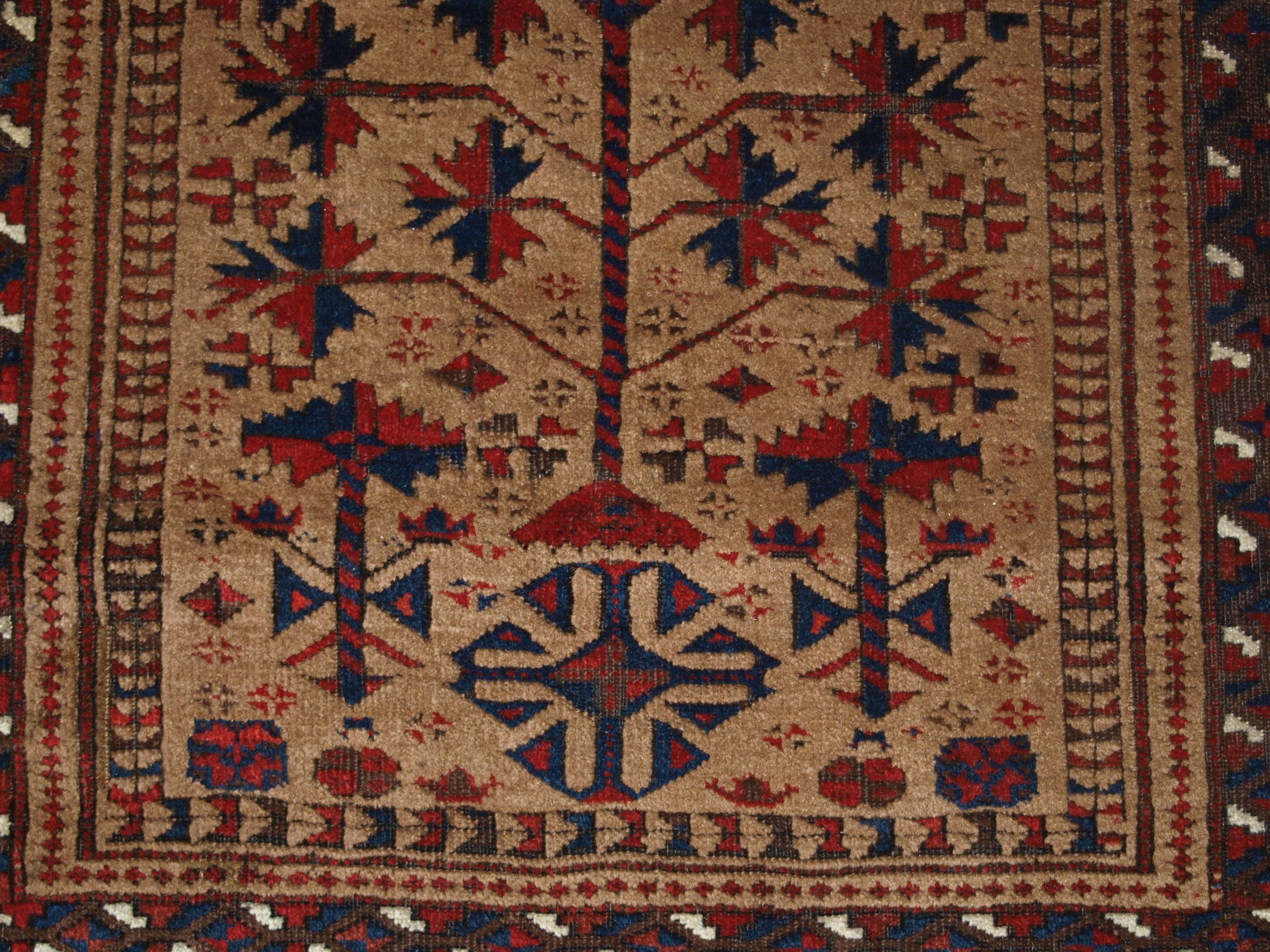 Wool Antique Baluch camel ground prayer rug, late 19th century. For Sale