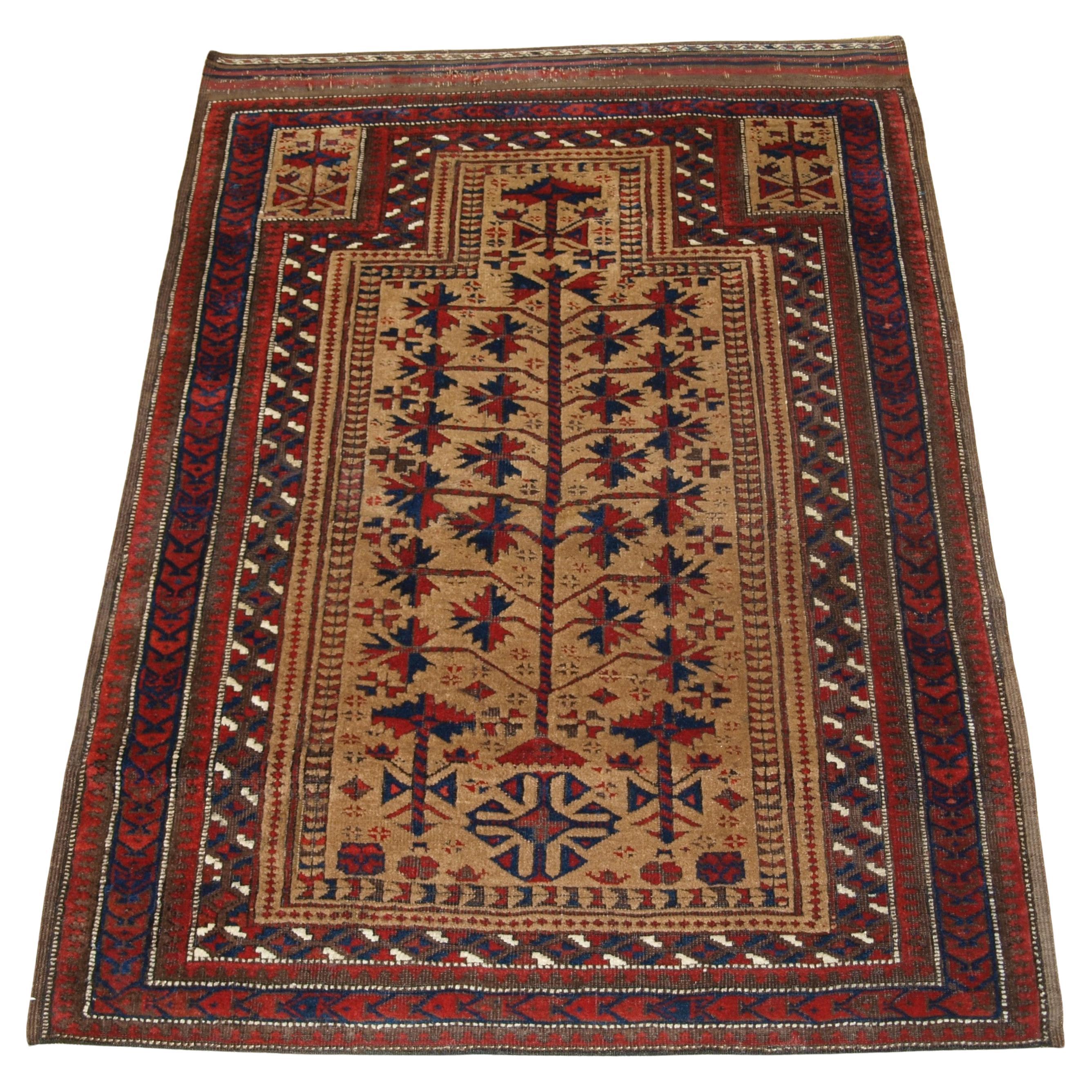 Antique Baluch camel ground prayer rug, late 19th century. For Sale