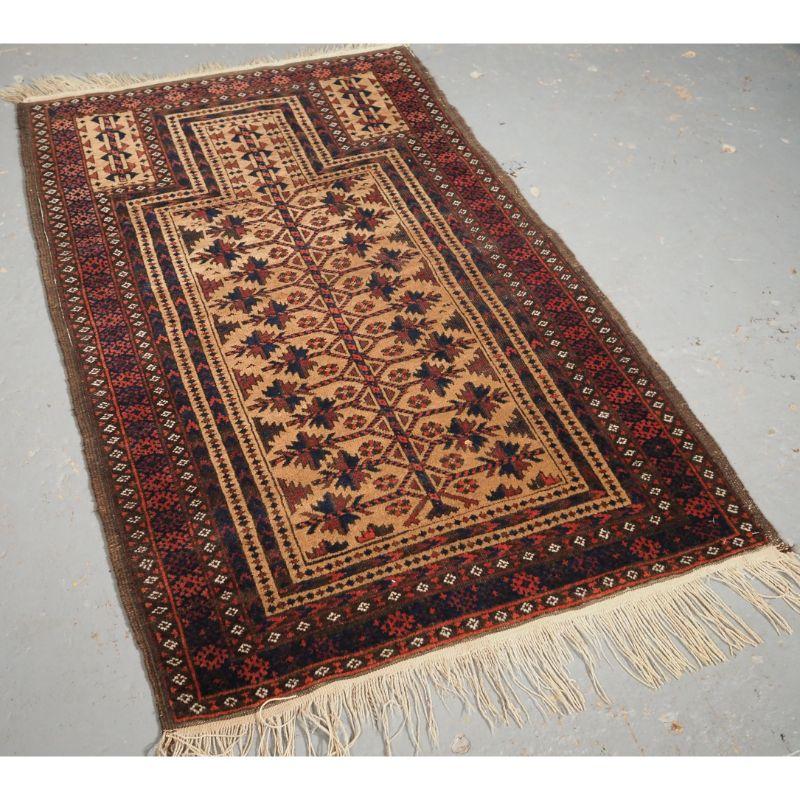 Antique Baluch camel ground prayer rug with tree of life design that is typical of the Baluch of Khorasan.

The rug is drawn with a tree of life and has excellent colour, the camel wool ground is very soft. The rug retains the original end
