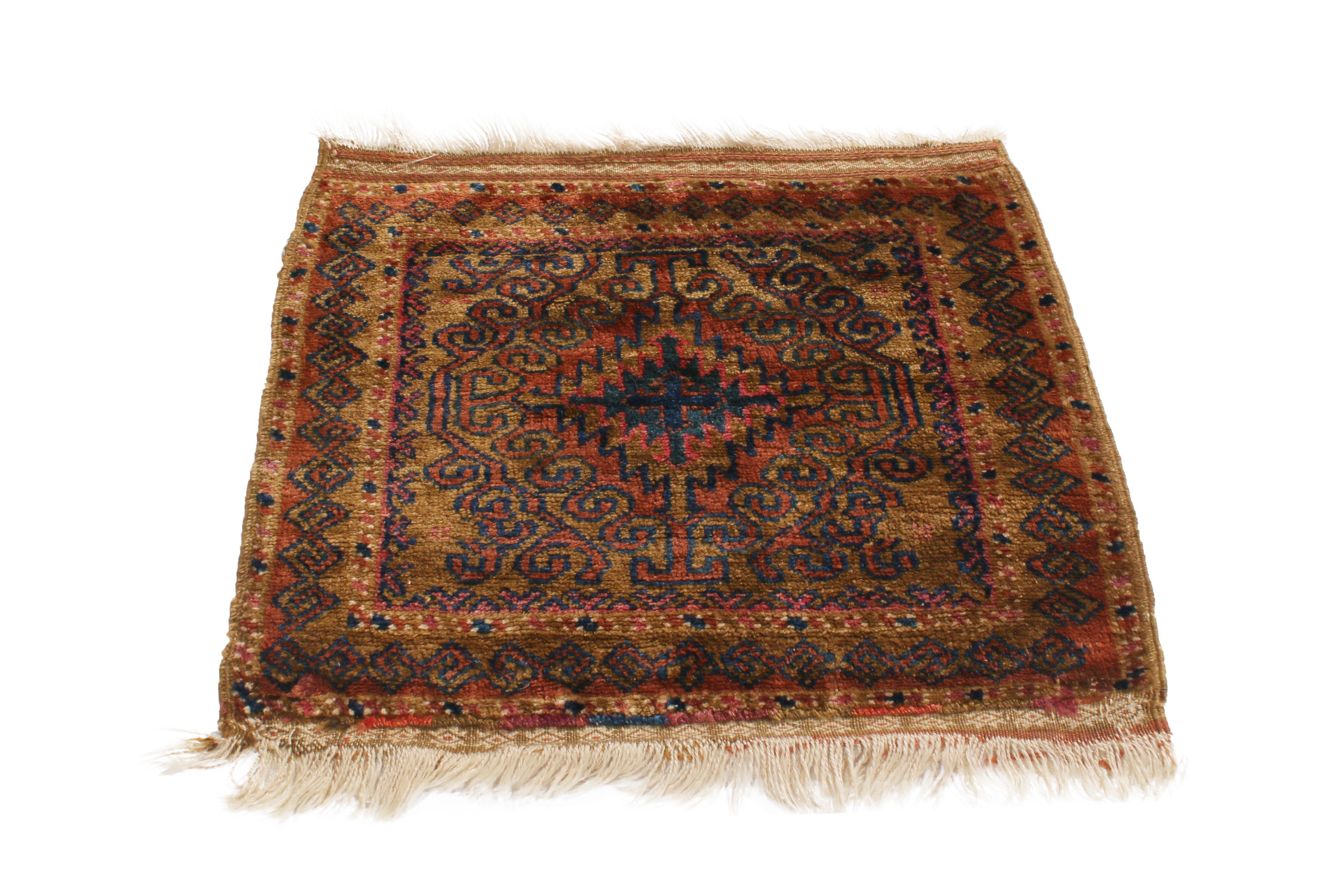 Originating from Persia in 1890, this antique Persian rug hails from the Baluch tribal family, ironically favoring one repeating motif such as this piece's interesting depiction of the ram’s Horn cross. Hand knotted in high quality wool, the series