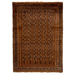 Antique Baluch Rug Beige-Brown and Blue Persian Tribal Pattern