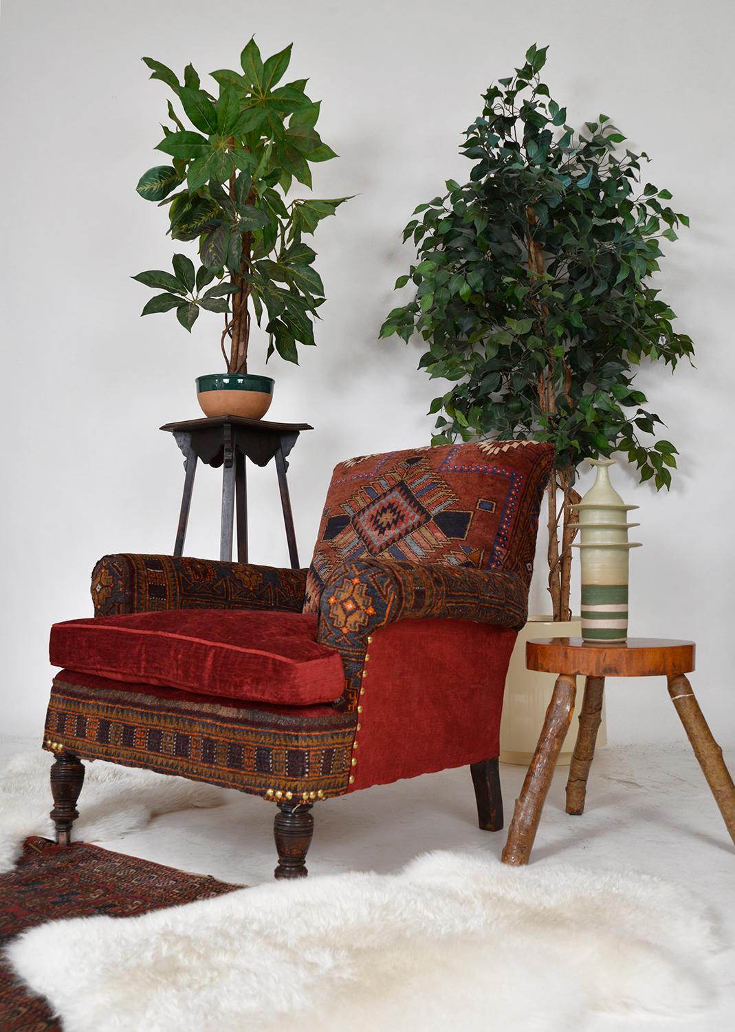 Antique Baluch Rug Carpet Chair Library Armchair Victorian Bohemian Upholstered 2