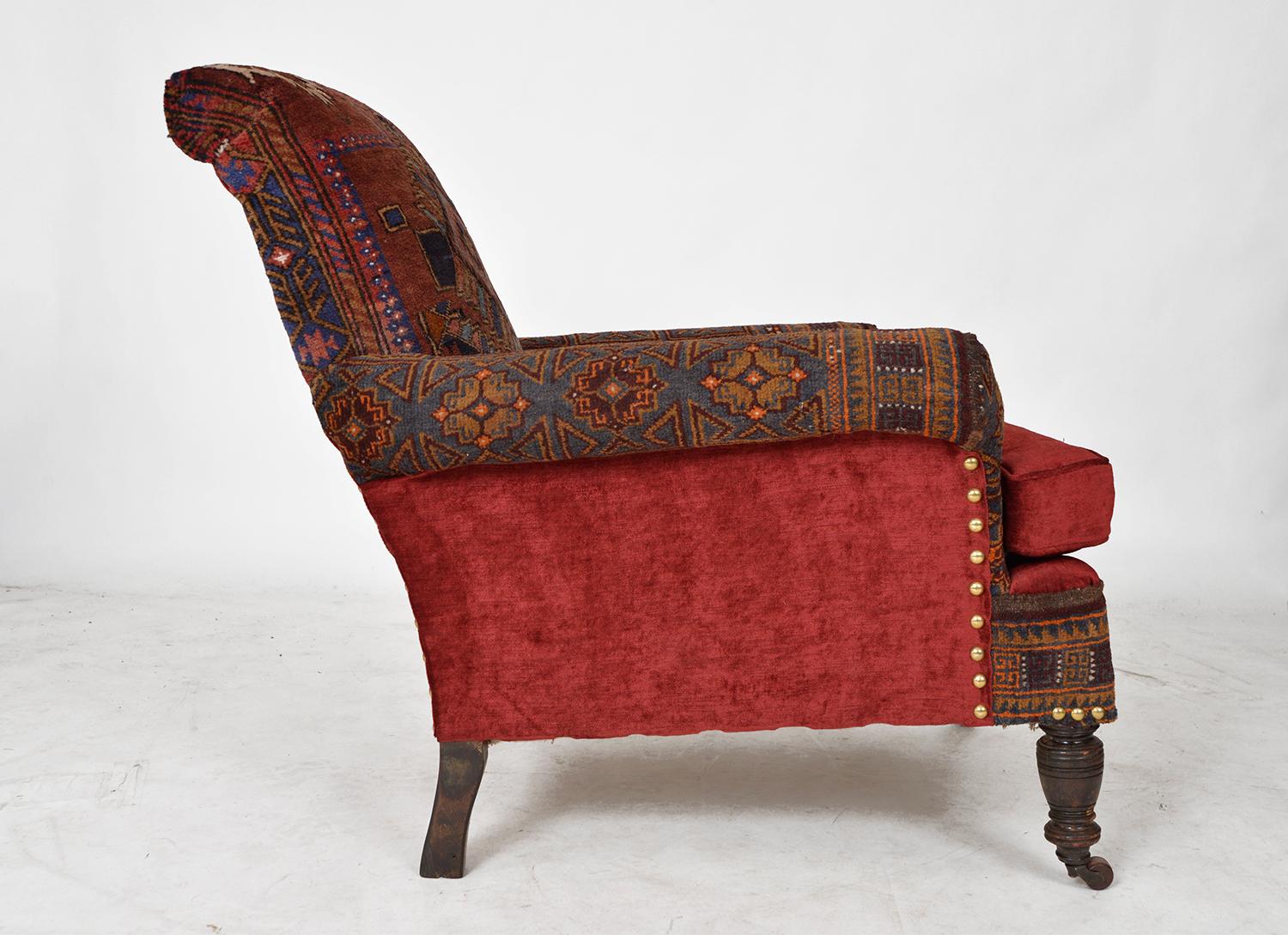 British Antique Baluch Rug Carpet Chair Library Armchair Victorian Bohemian Upholstered