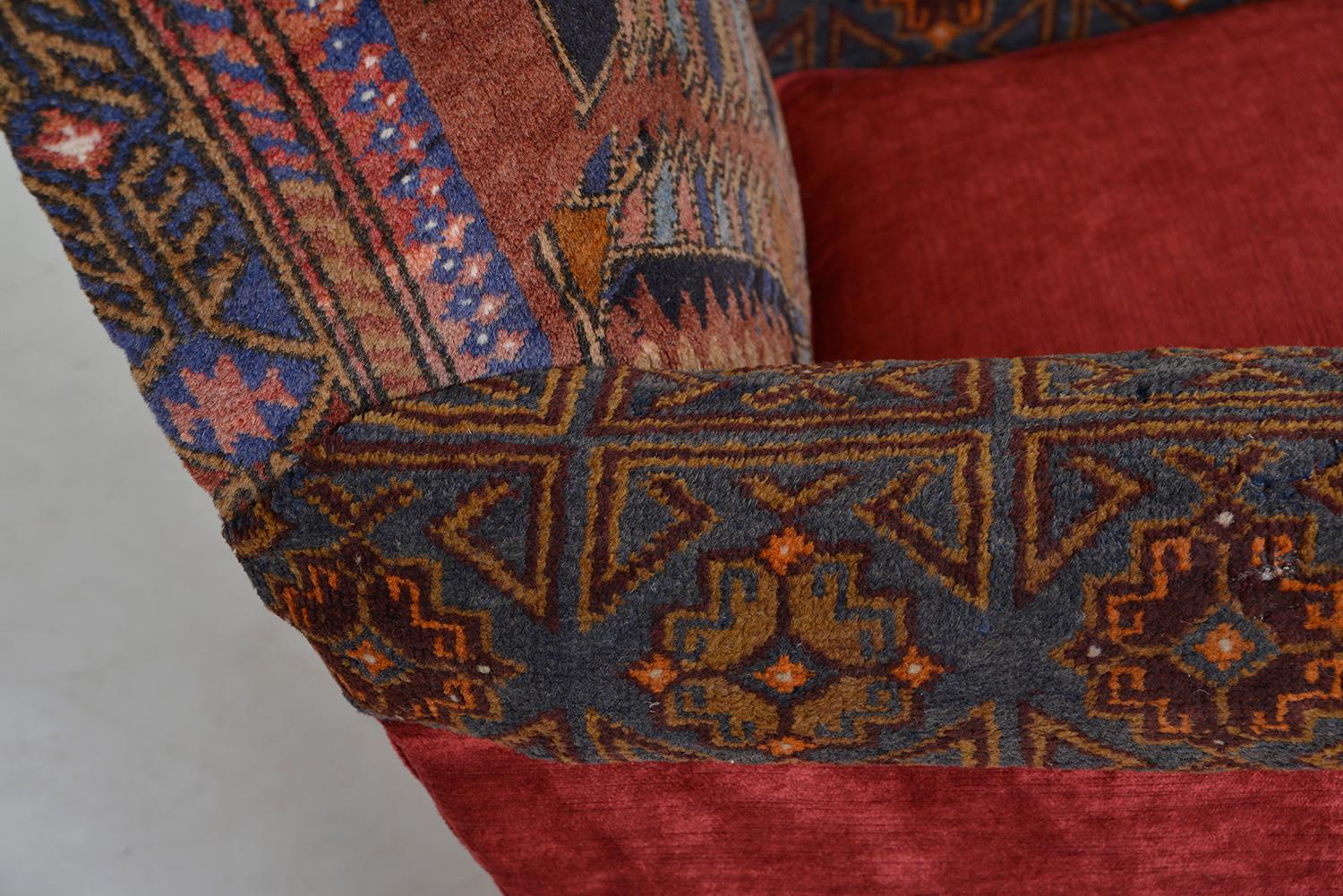 Hand-Woven Antique Baluch Rug Carpet Chair Library Armchair Victorian Bohemian Upholstered