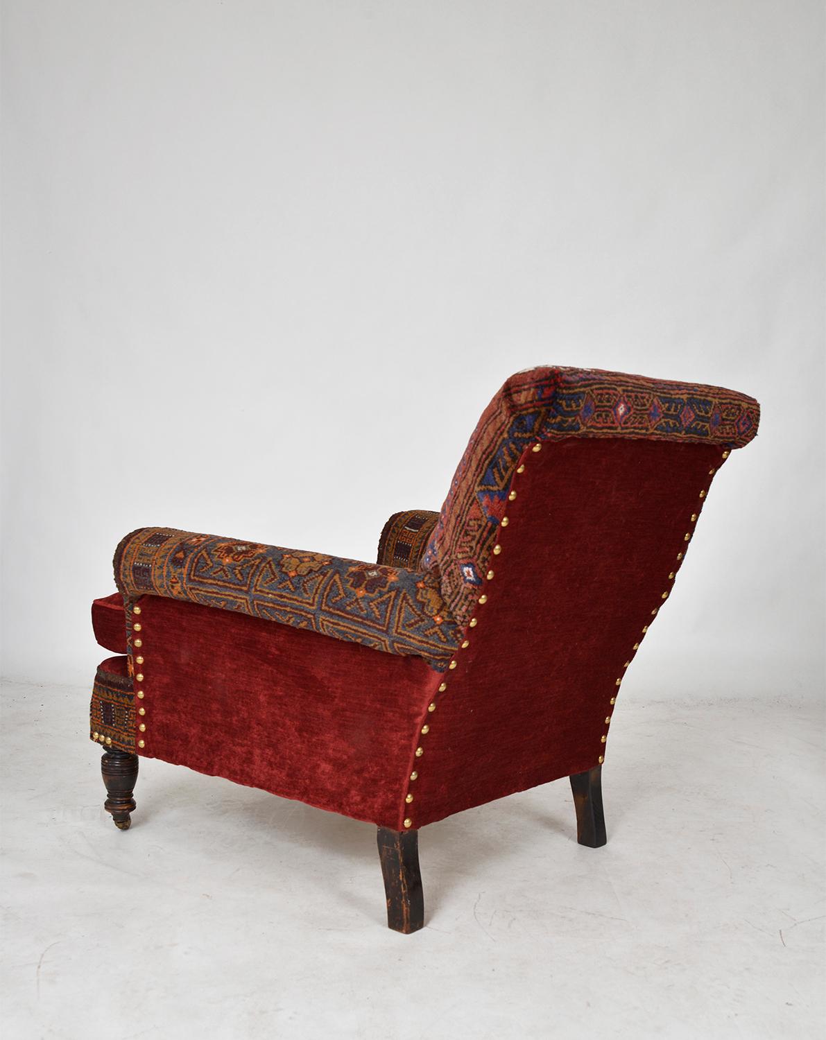  Antique Baluch Rug Carpet Chair Library Armchair Victorian Bohemian Upholstered In Good Condition In Sherborne, Dorset