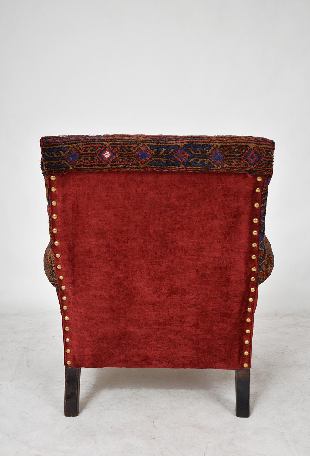 Late 19th Century Antique Baluch Rug Carpet Chair Library Armchair Victorian Bohemian Upholstered