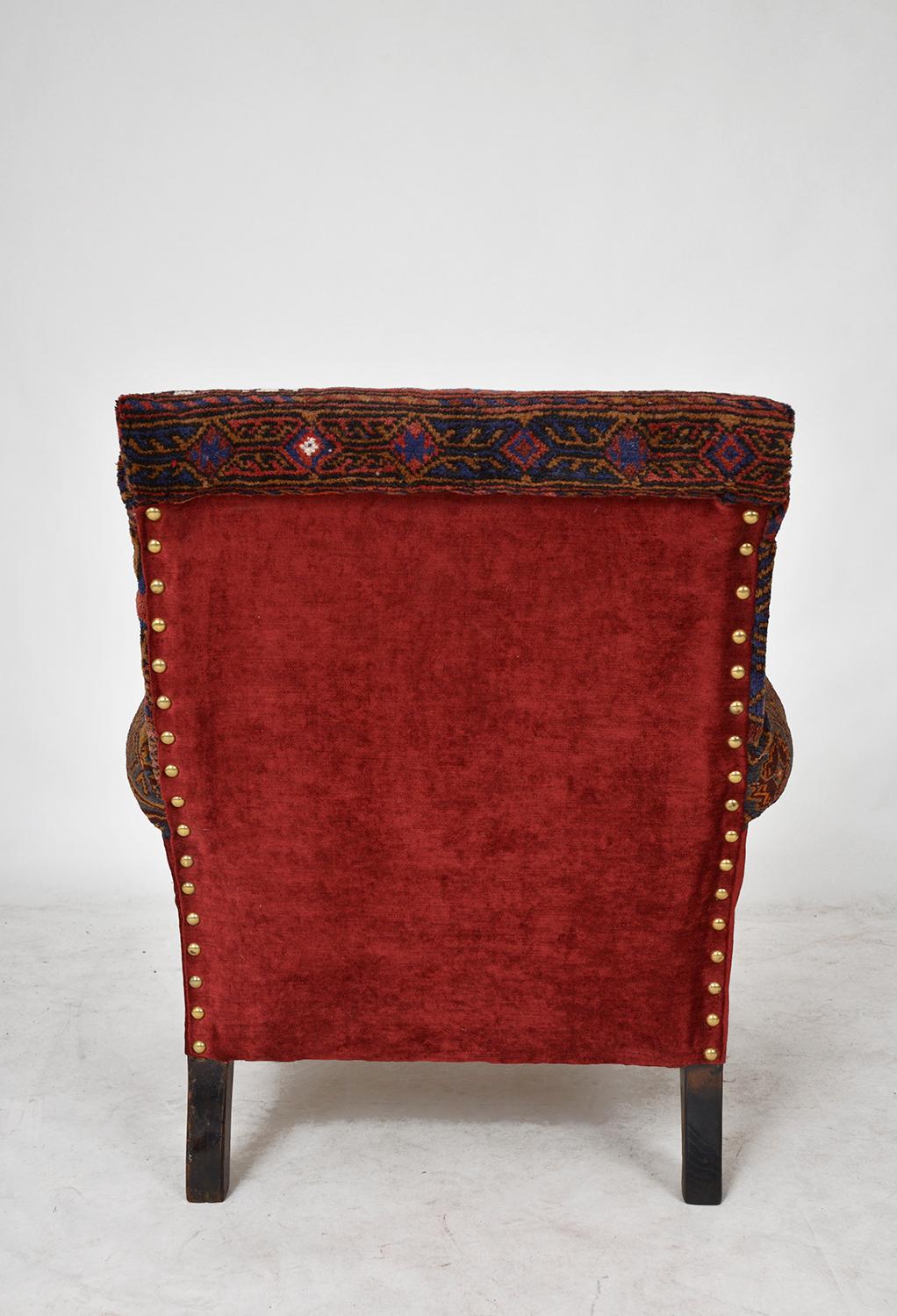 Late 19th Century  Antique Baluch Rug Carpet Chair Library Armchair Victorian Bohemian Upholstered