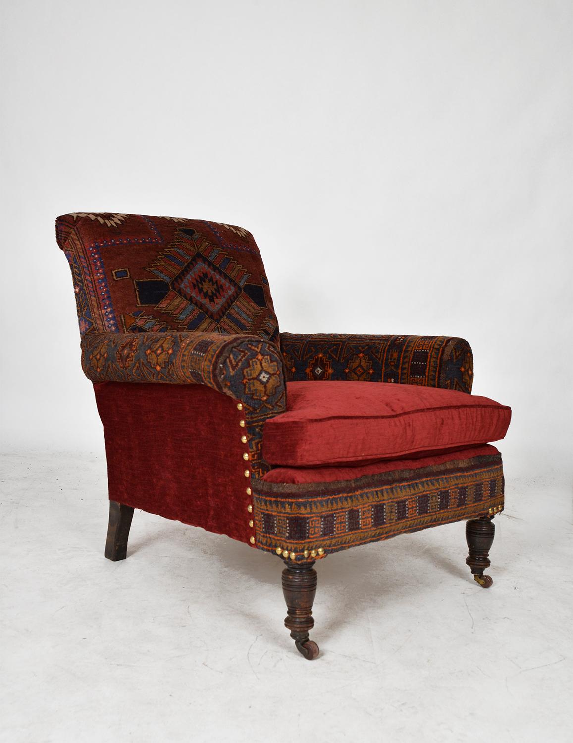 Brass  Antique Baluch Rug Carpet Chair Library Armchair Victorian Bohemian Upholstered