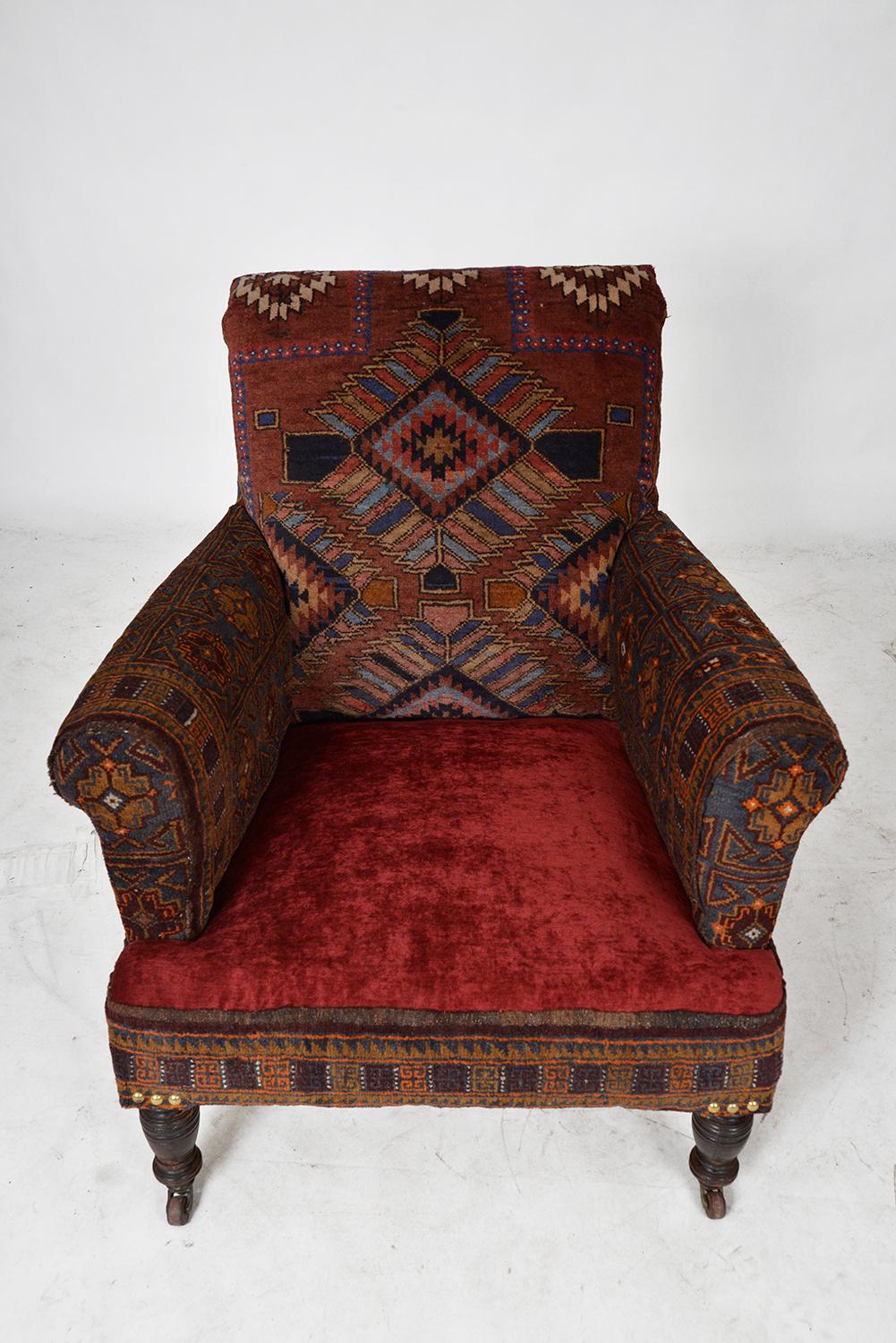  Antique Baluch Rug Carpet Chair Library Armchair Victorian Bohemian Upholstered 1