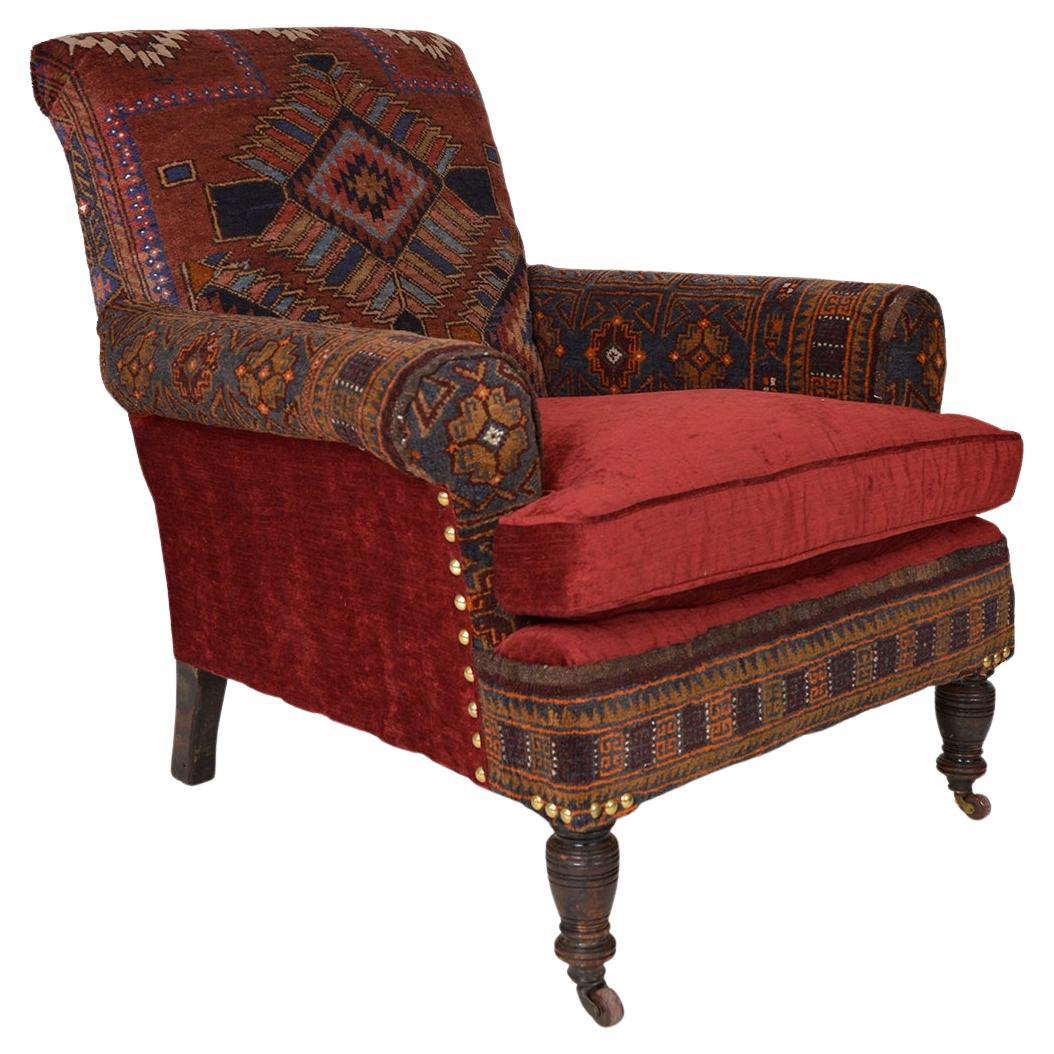  Antique Baluch Rug Carpet Chair Library Armchair Victorian Bohemian Upholstered