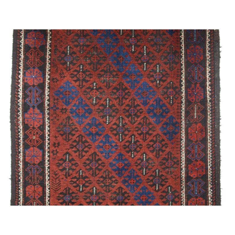 Afghan Antique Baluch Rug, Lattice Design, Superb Long Kilim Ends For Sale