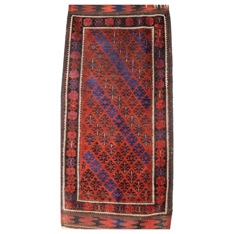 Antique Baluch Rug, Lattice Design, Superb Long Kilim Ends For Sale