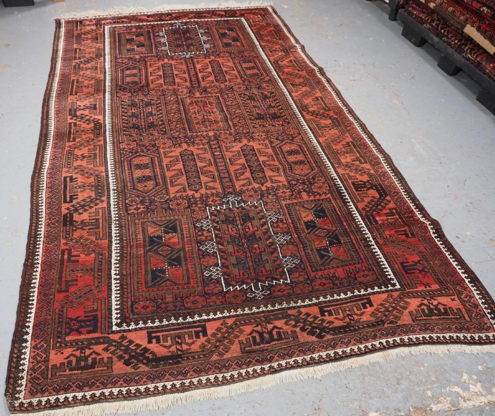Antique Baluch rug, with traditional design often found in both Timuri and Yaqub Khani weavings
Circa 1900

A very nice Baluch rug, with a very pleasing detailed compartment design

Superb wool quality, excellent soft red field colour, with good