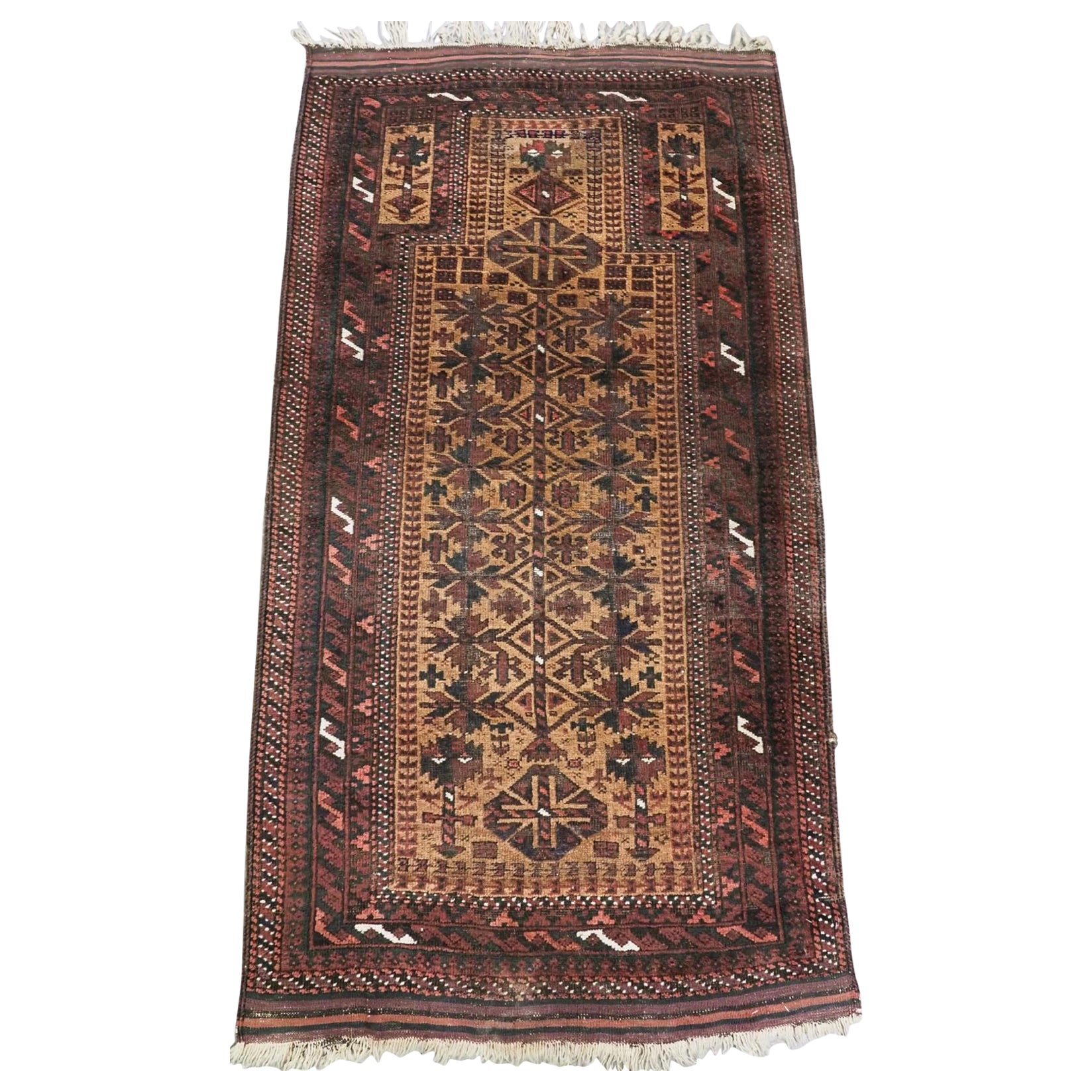 Tapis de prière antique Baluch (Timuri), fond camel avec arbre de vie, vers 1900