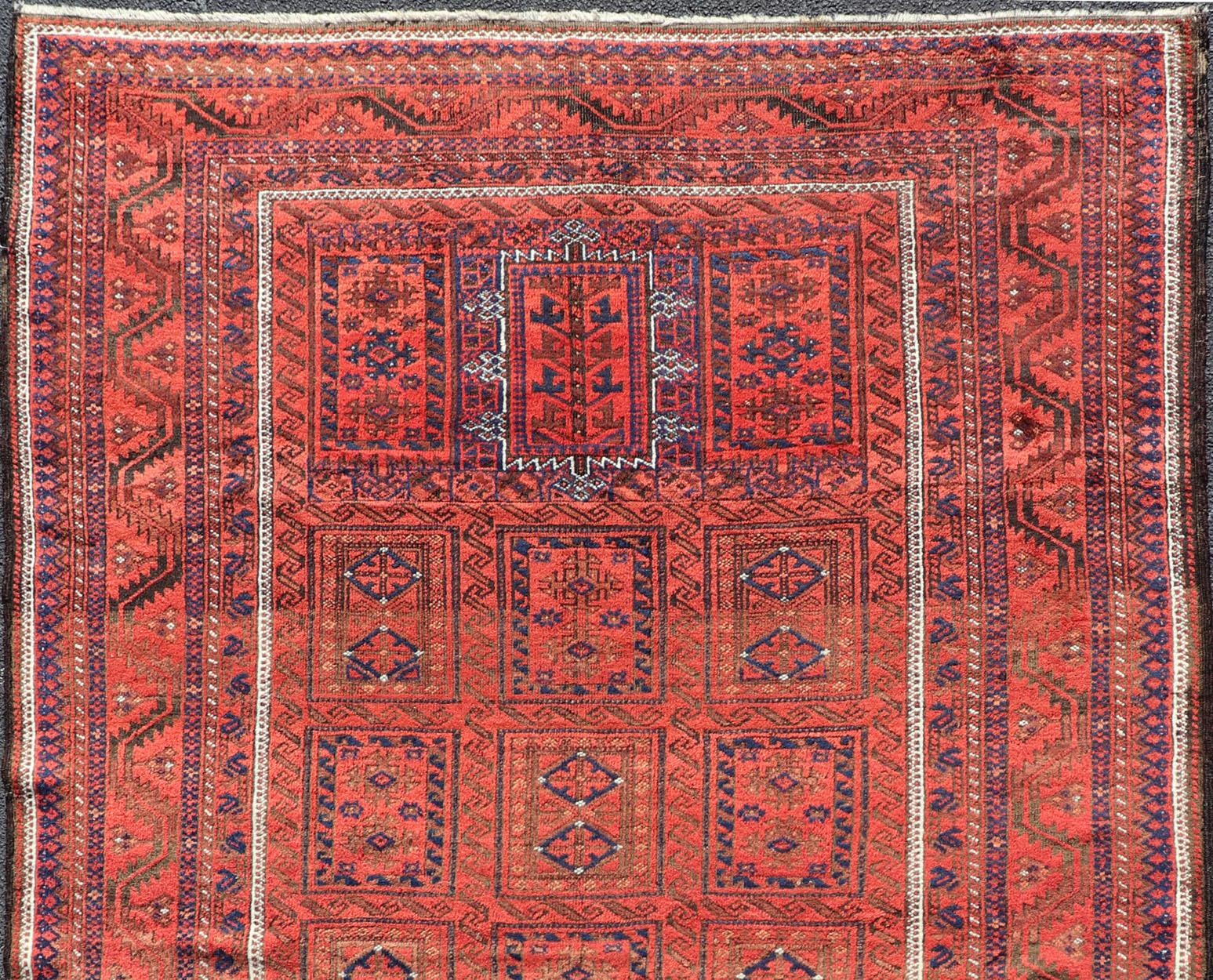 Hand-Knotted Antique Baluch Tribal Rug with All-Over Geometric Diamond Design in Red For Sale