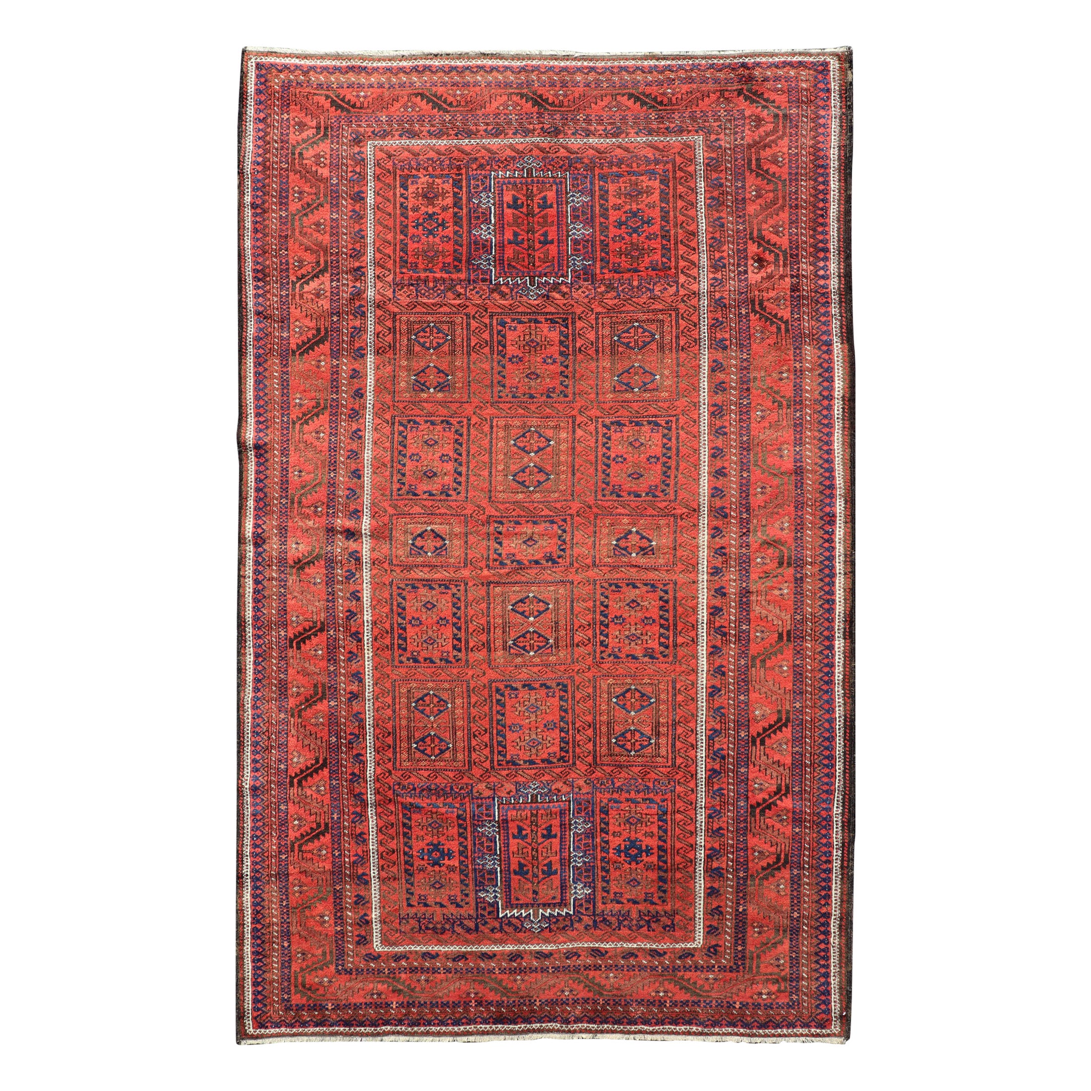 Tapis tribal ancien Baluch avec motif géométrique de diamants sur toute sa surface en rouge