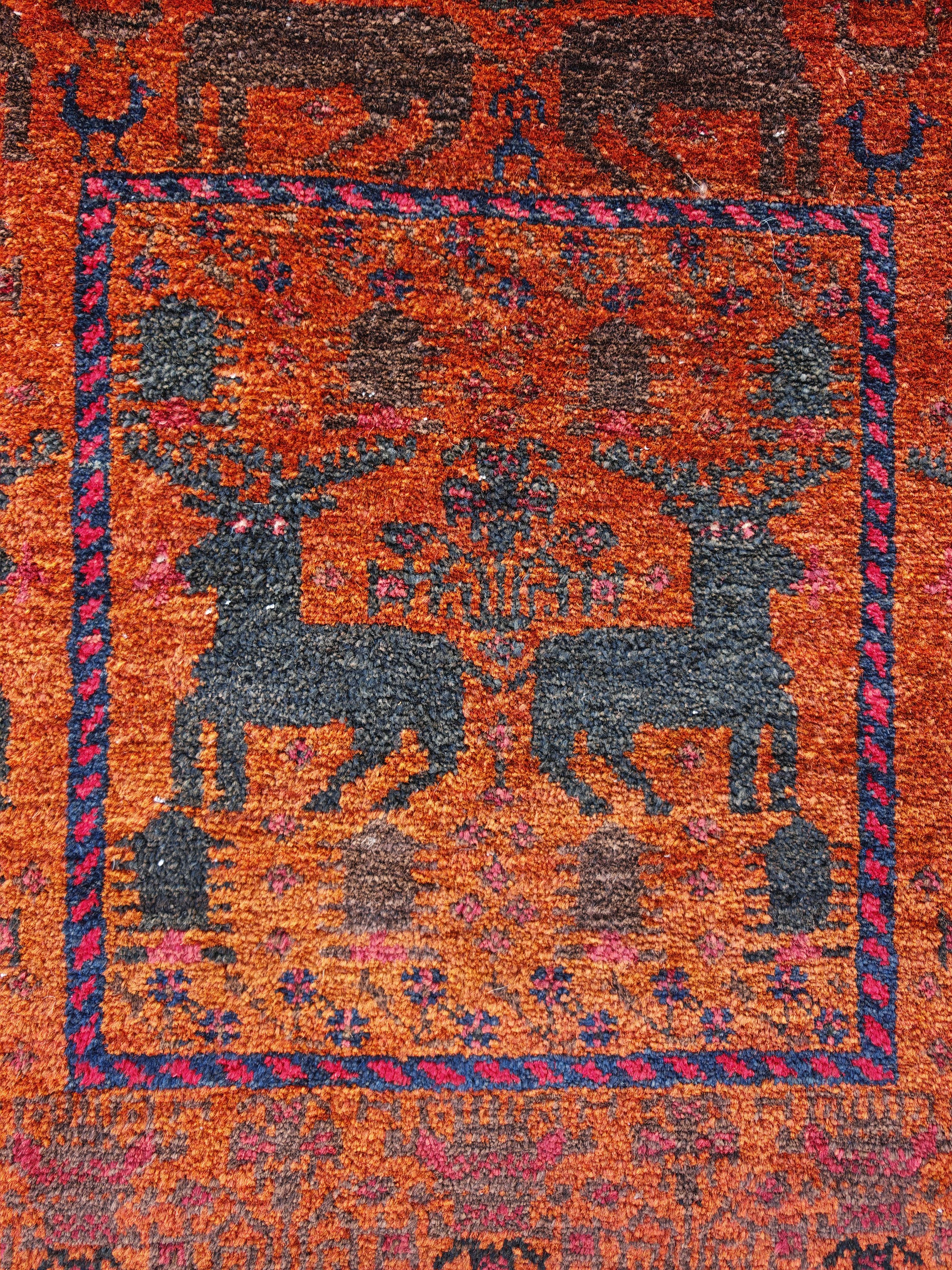 Tapis ancien de Baluchi avec motif de cerf, noué à la main, laine teintée naturelle en vente 5