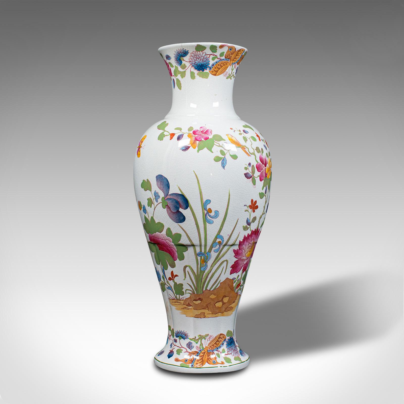 This is an antique baluster posy vase. An English, ceramic decorative flower urn, dating to the early 20th century, circa 1920.

Delightfully decorated with great colour and detail
Displays a desirable aged patina and in good order
White ceramic