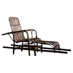 Antiker Sessel aus Bambus und Rattan mit Chaiselongue