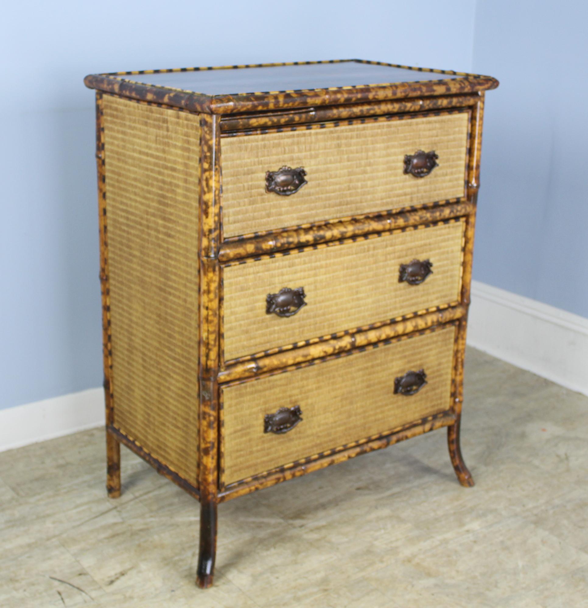 English Antique Bamboo and Rattan Chest of Drawers with Lacquered Top