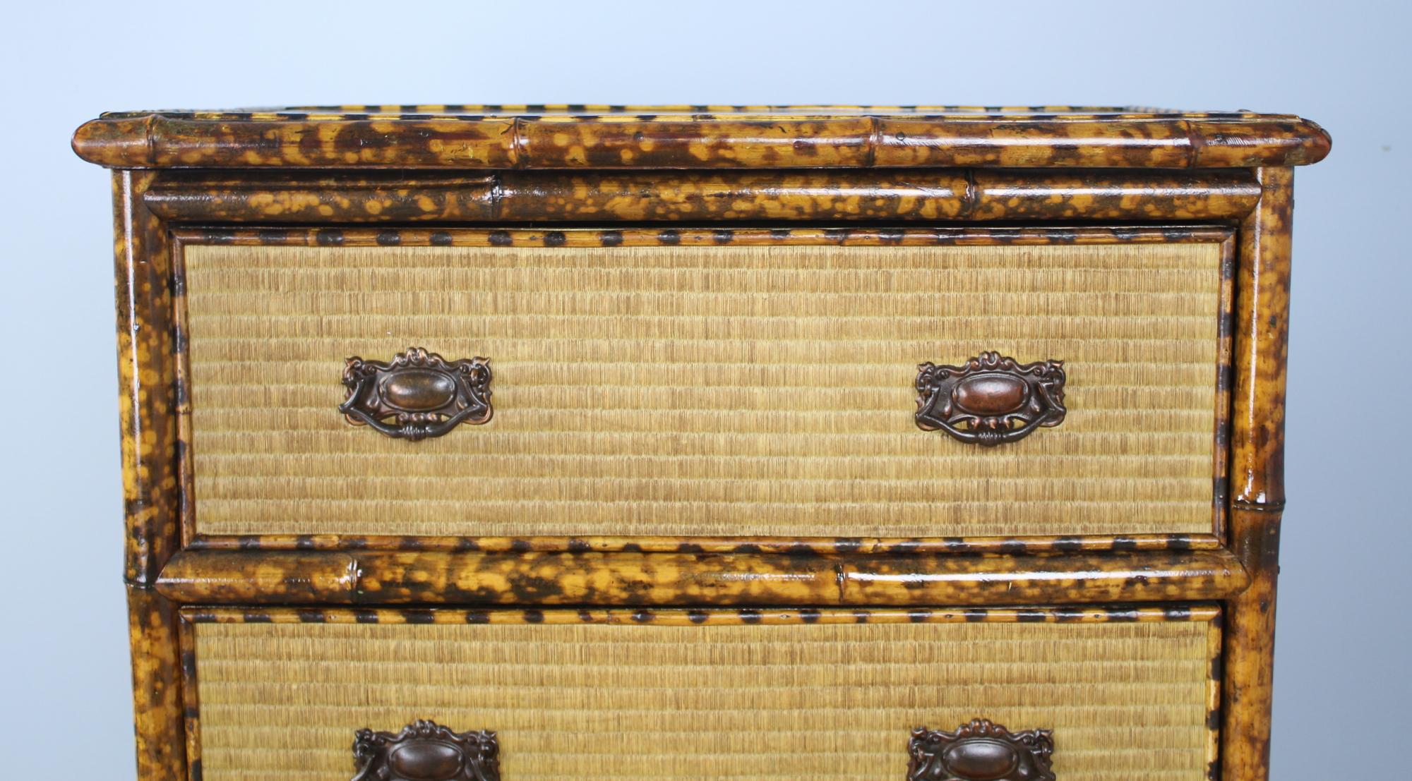 Antique Bamboo and Rattan Chest of Drawers with Lacquered Top In Good Condition In Port Chester, NY