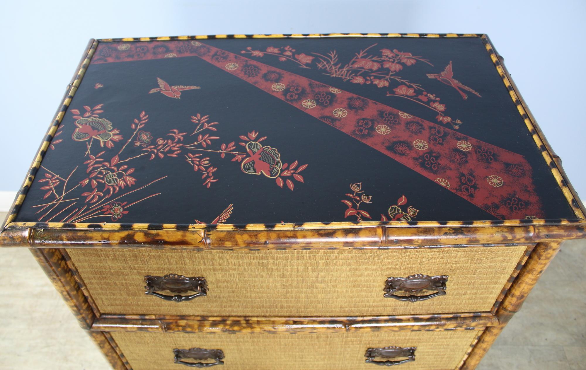 Antique Bamboo and Rattan Chest of Drawers with Lacquered Top 1