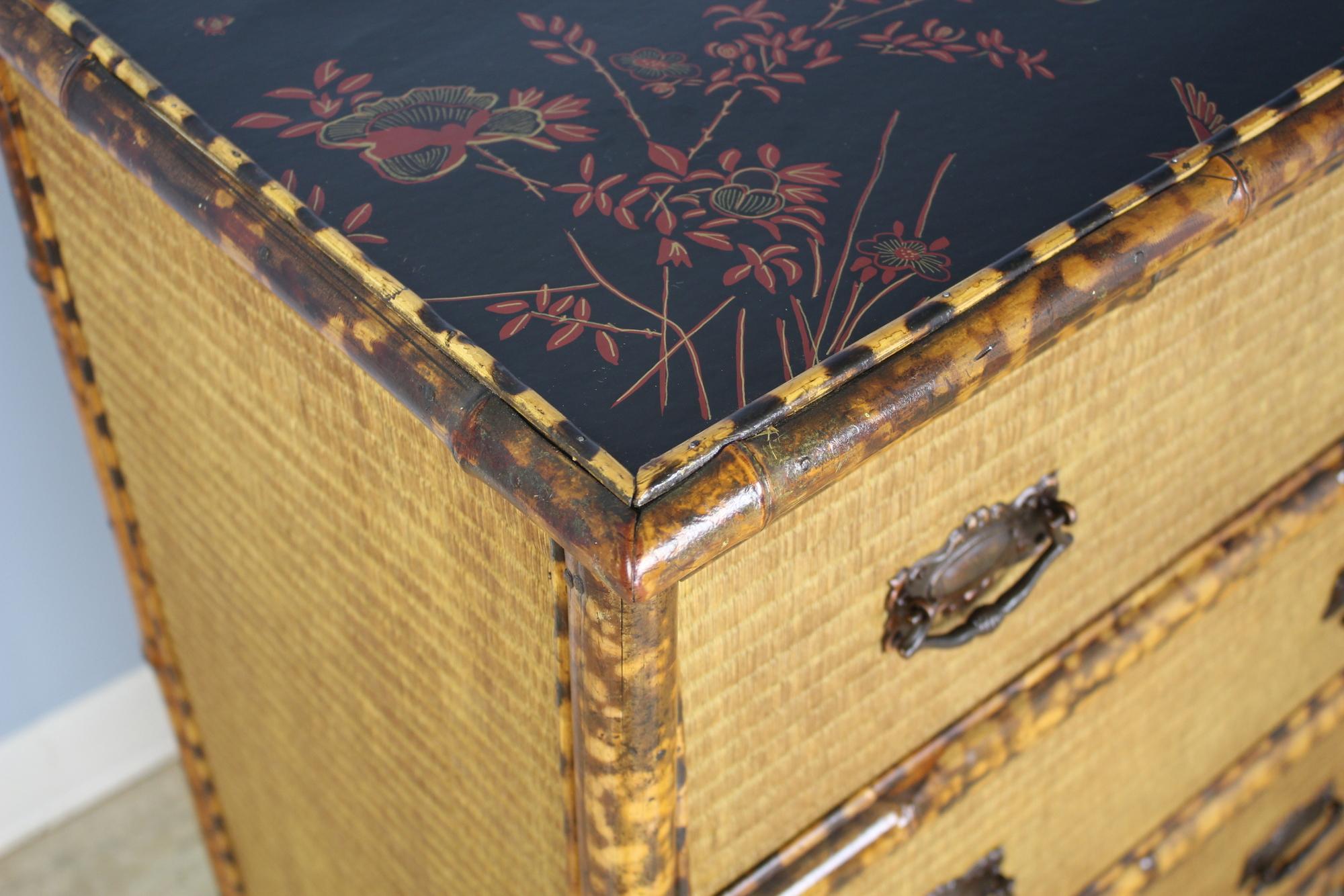 Antique Bamboo and Rattan Chest of Drawers with Lacquered Top 2