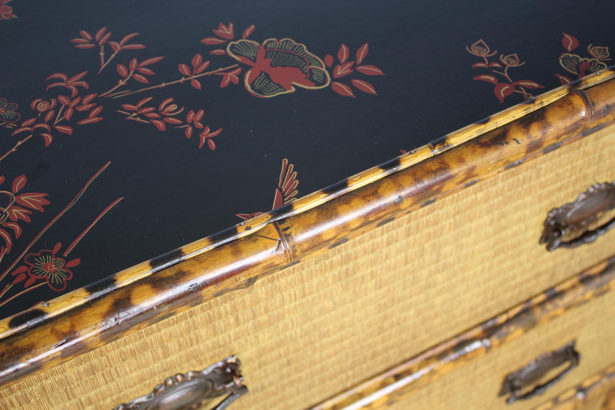 Antique Bamboo and Rattan Chest of Drawers with Lacquered Top 3