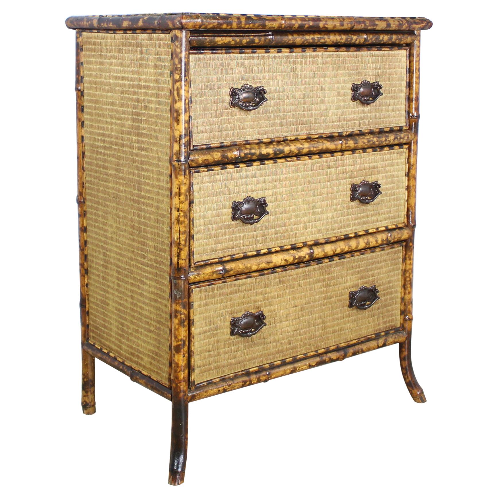 Antique Bamboo and Rattan Chest of Drawers with Lacquered Top
