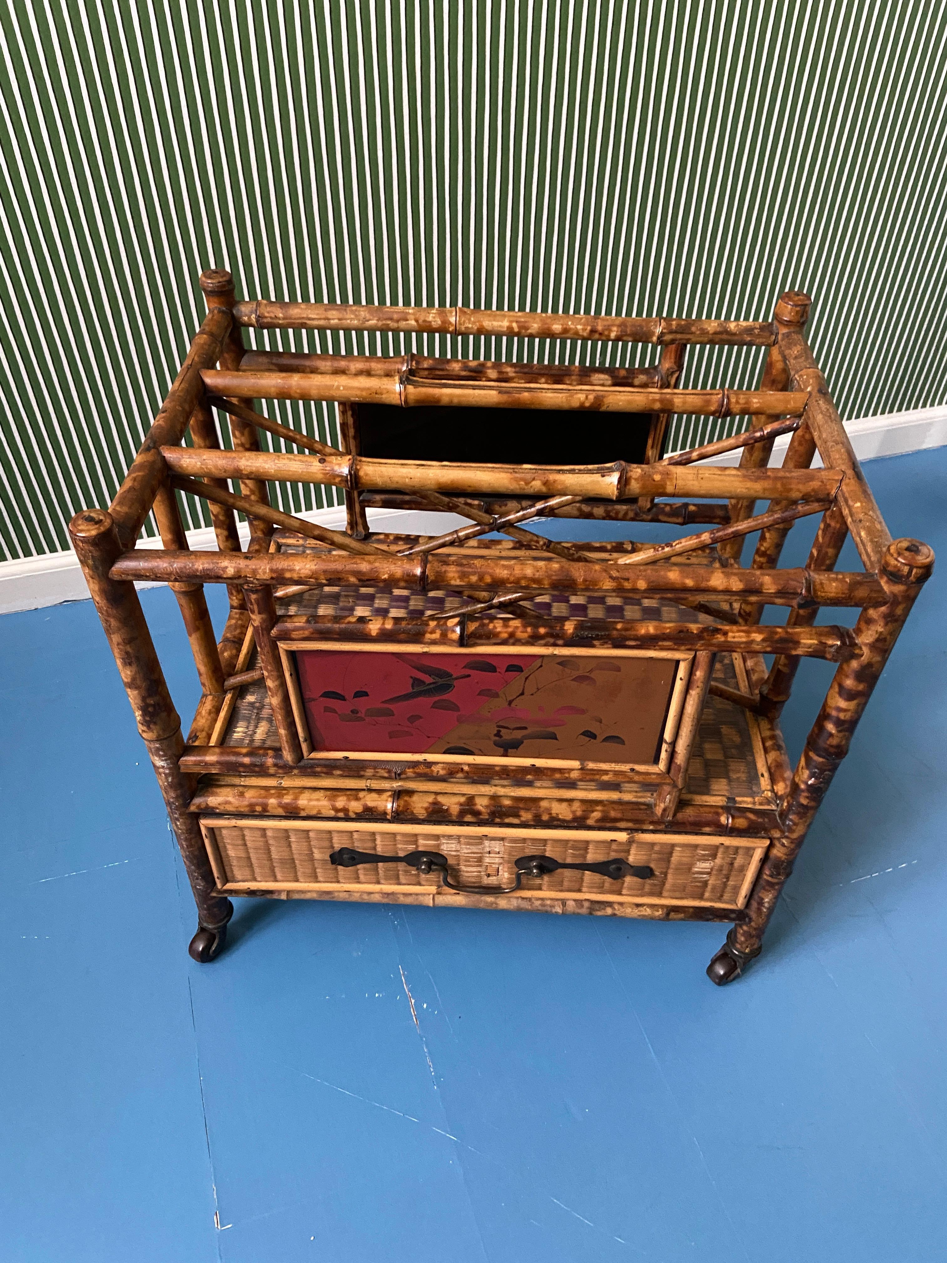 Antique Bamboo and Rattan Magazine Rack with Chinoiserie, England, 1890's For Sale 4