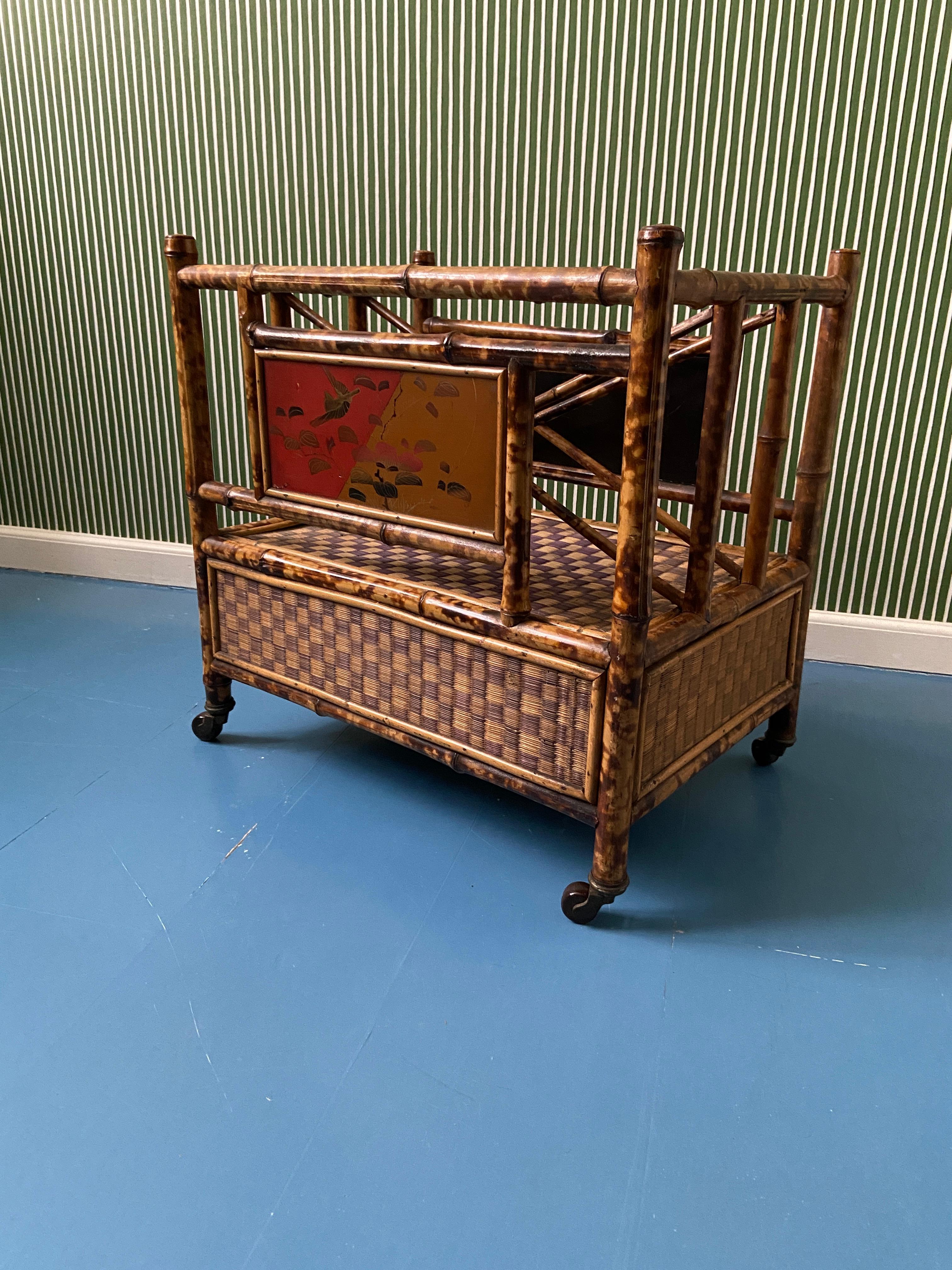 English Antique Bamboo and Rattan Magazine Rack with Chinoiserie, England, 1890's For Sale