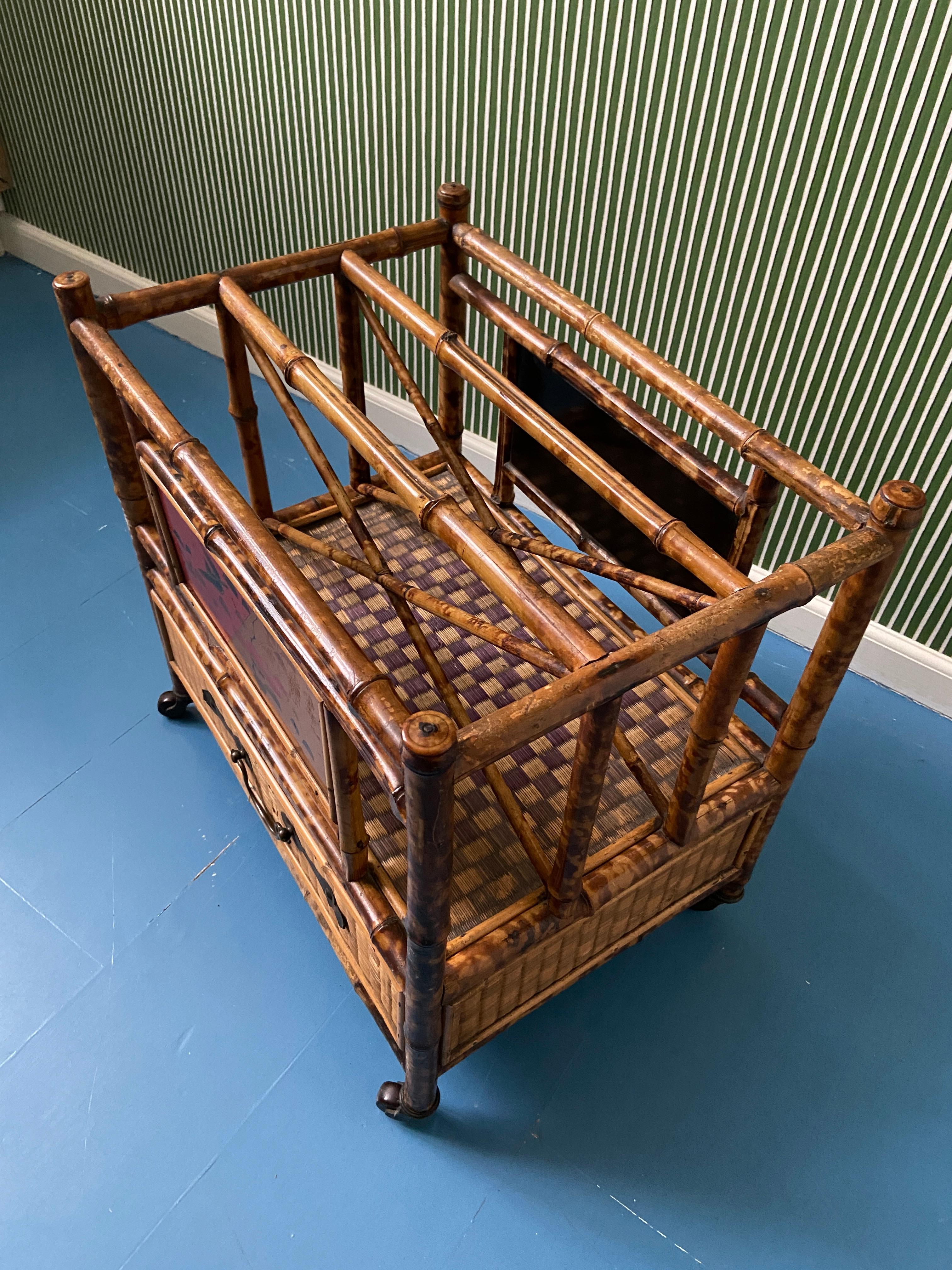 Late 19th Century Antique Bamboo and Rattan Magazine Rack with Chinoiserie, England, 1890's For Sale