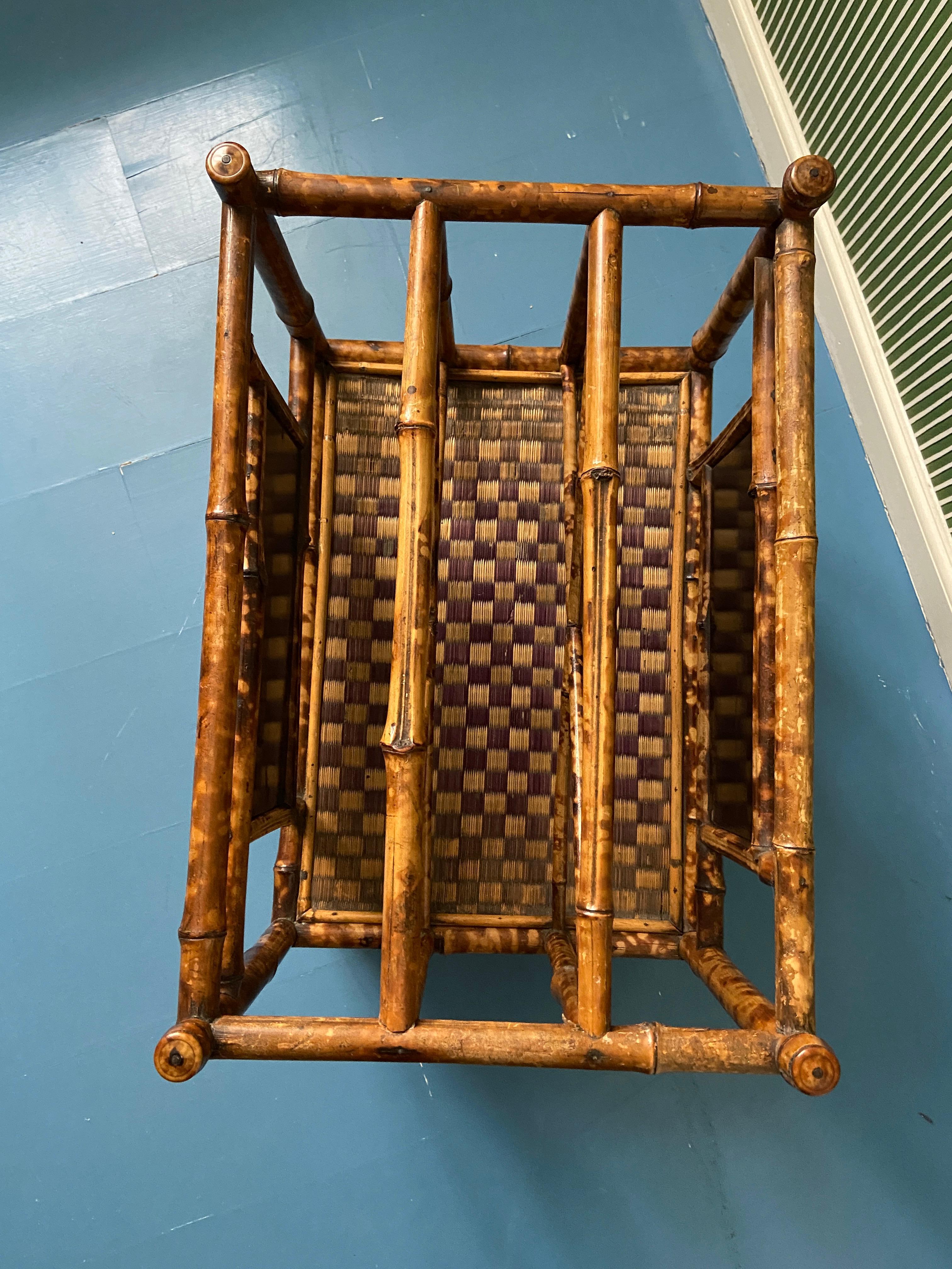Brass Antique Bamboo and Rattan Magazine Rack with Chinoiserie, England, 1890s For Sale