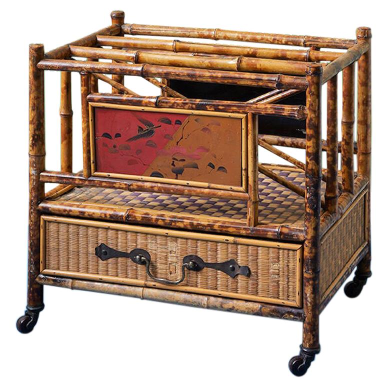 Antique Bamboo and Rattan Magazine Rack with Chinoiserie, England, 1890's For Sale